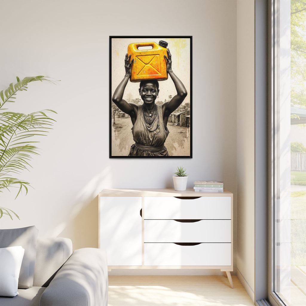 Framed Canvas Art - Joyful Woman Carrying Yellow Water Jerrycan