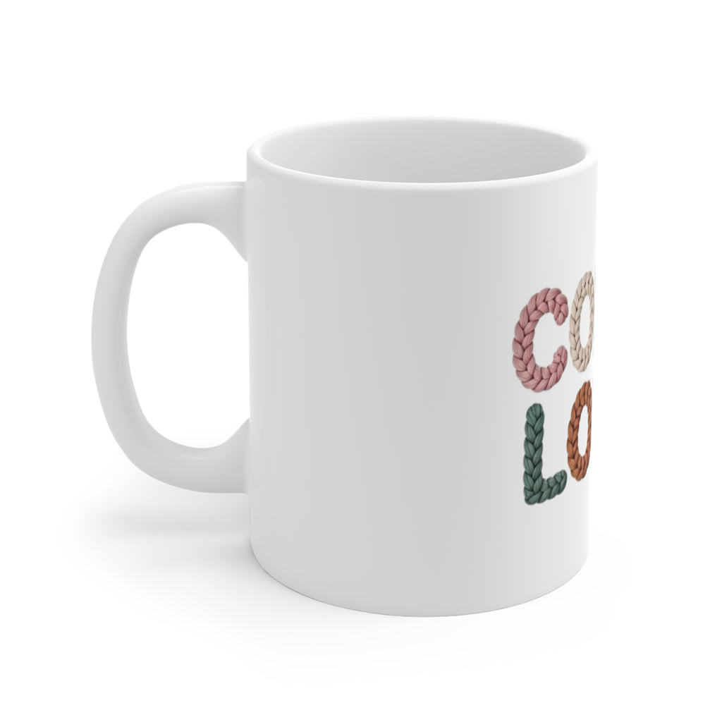 Coffee Lover Mug — Colorful Knitted Yarn Typography 11oz