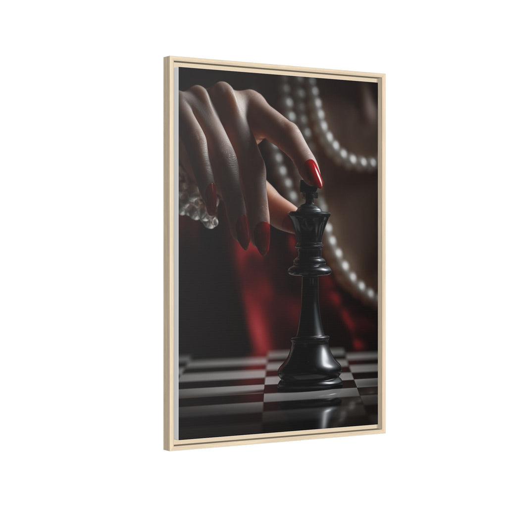 Framed Matte Canvas Art — Femme Hand & Chess King (Pearls, Noir Glam)