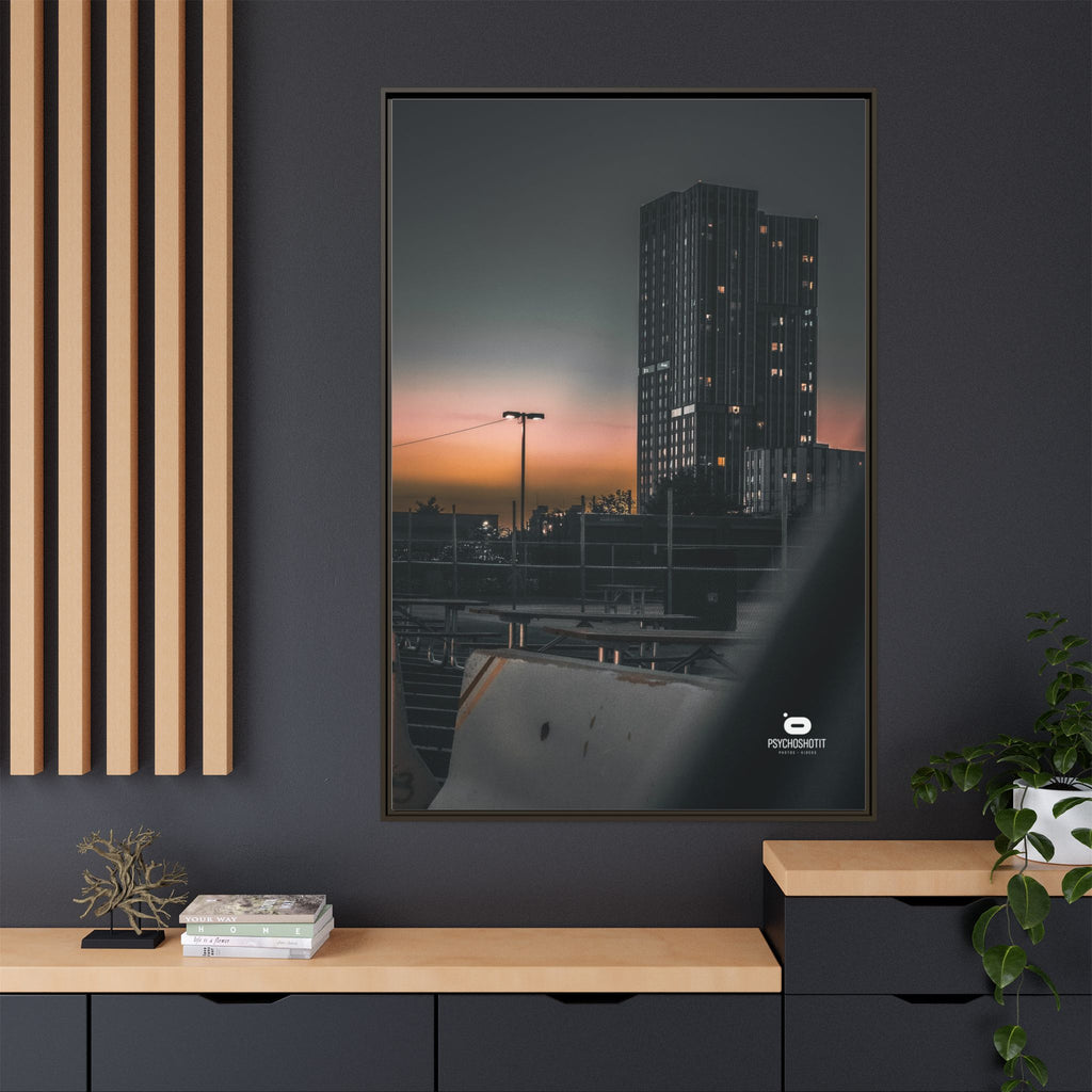 Framed Matte Canvas Print — Urban Sunset High-Rise Photography