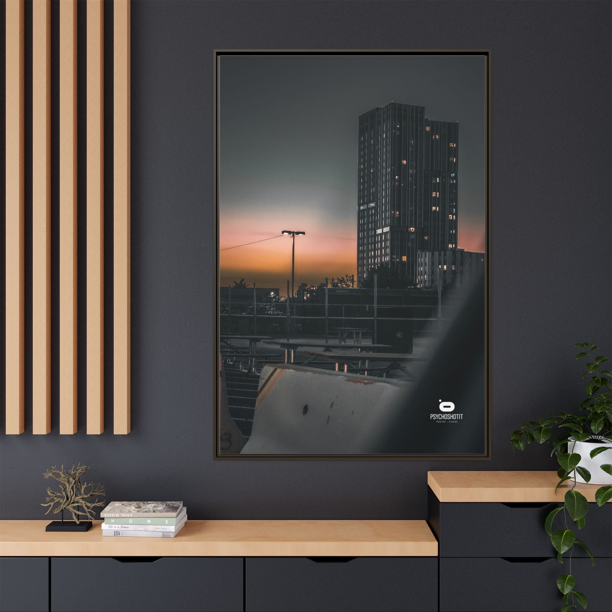 Framed Matte Canvas Print — Urban Sunset High-Rise Photography
