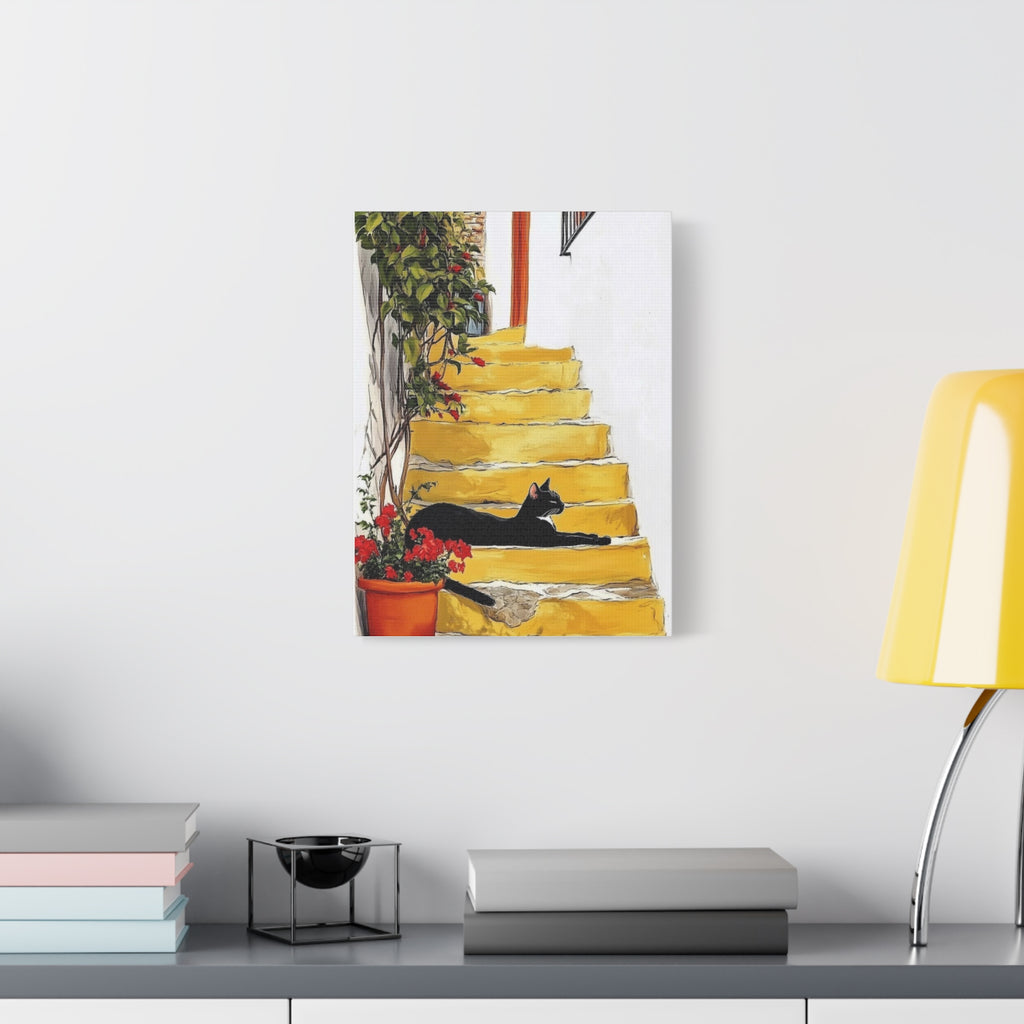 Black Cat on Yellow Steps Canvas Art Print, Whimsical Home Decor, Gift for Cat Lovers, Wall Art, Cozy Vibe, Pet Memorable Art