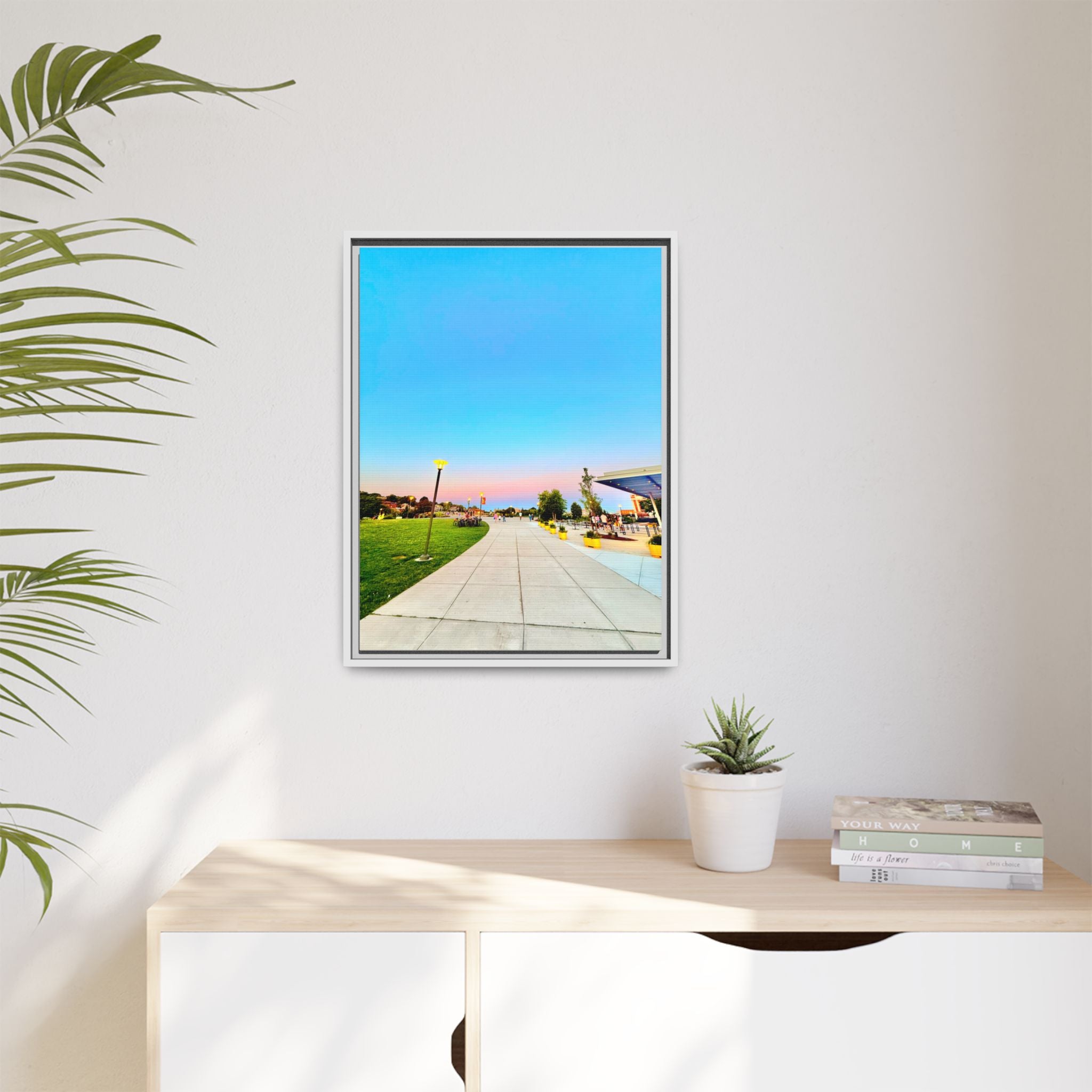 Sunset Promenade Matte Framed Canvas — Pastel Sky Walkway Wall Art