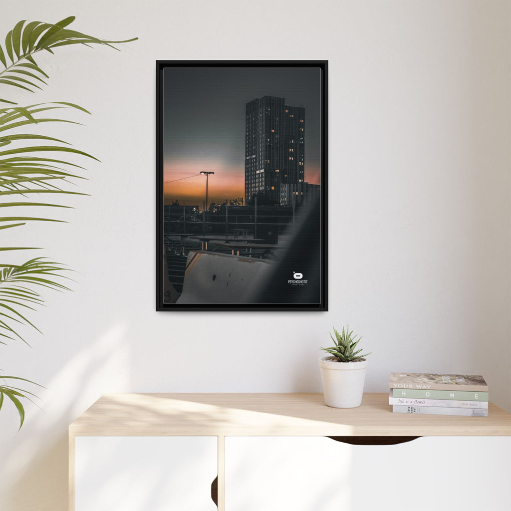 Framed Matte Canvas Print — Urban Sunset High-Rise Photography