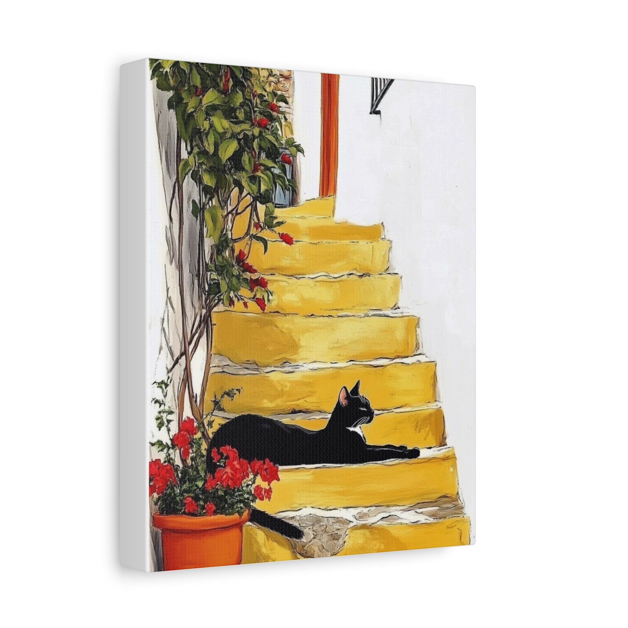 Black Cat on Yellow Steps Canvas Art Print, Whimsical Home Decor, Gift for Cat Lovers, Wall Art, Cozy Vibe, Pet Memorable Art