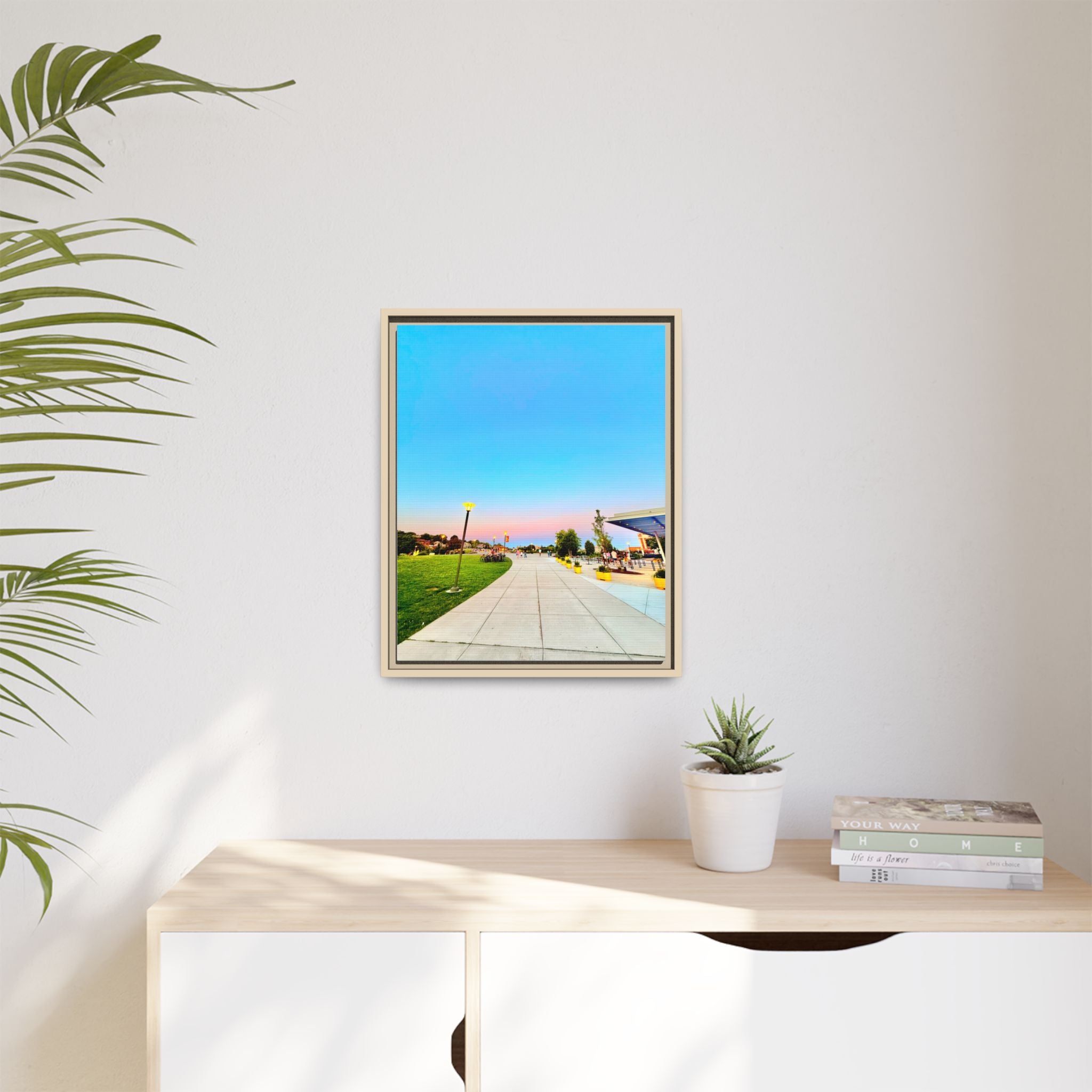 Sunset Promenade Matte Framed Canvas — Pastel Sky Walkway Wall Art