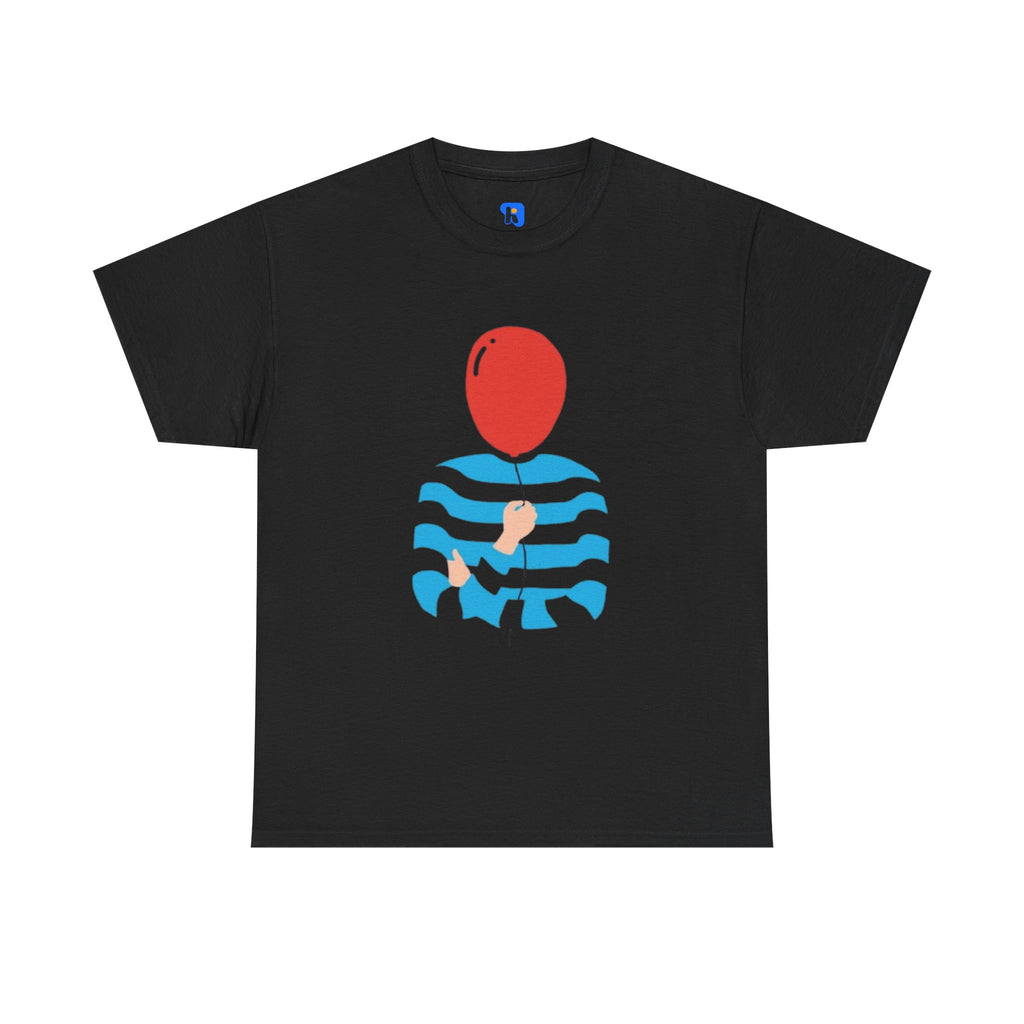 Striped Sweater Balloon Tee — Minimalist Red Balloon Graphic T-Shirt