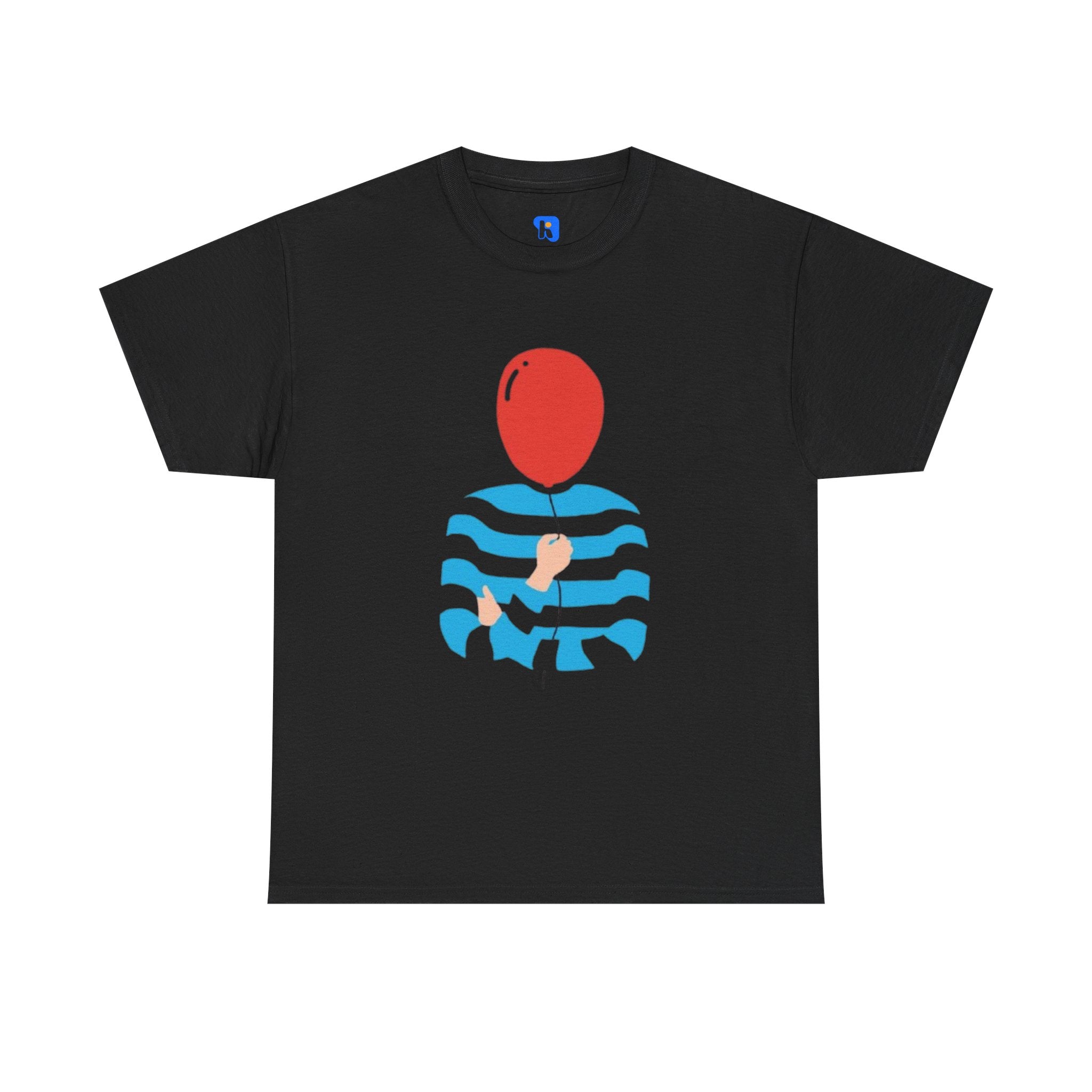Striped Sweater Balloon Tee — Minimalist Red Balloon Graphic T-Shirt