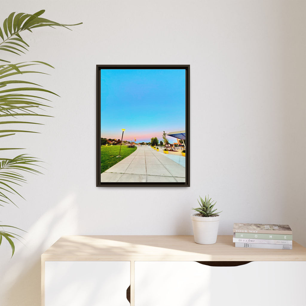 Sunset Promenade Matte Framed Canvas — Pastel Sky Walkway Wall Art