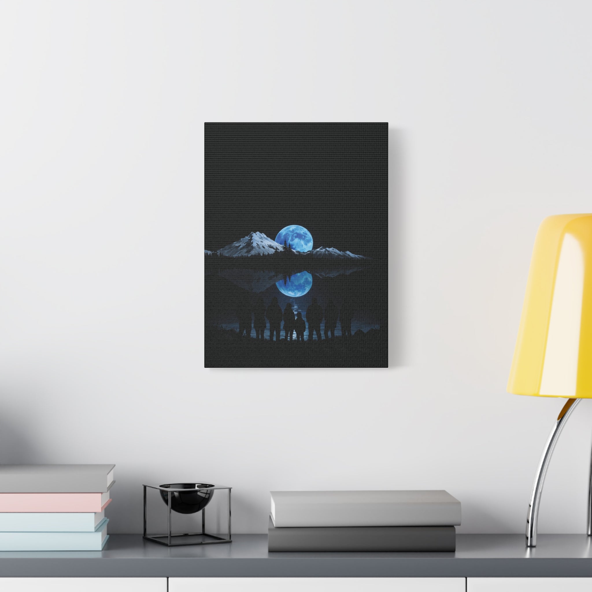 Blue Moon Mountain Canvas Print — Family Silhouette Nightscape Wall Art