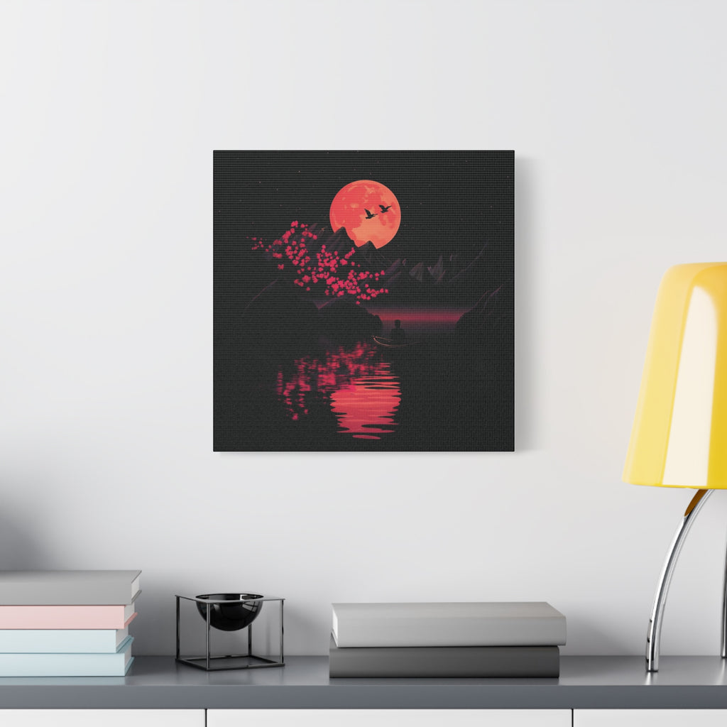 Moonlit Sakura Canvas Wall Art — Red Moon Reflection Matte Stretched Print