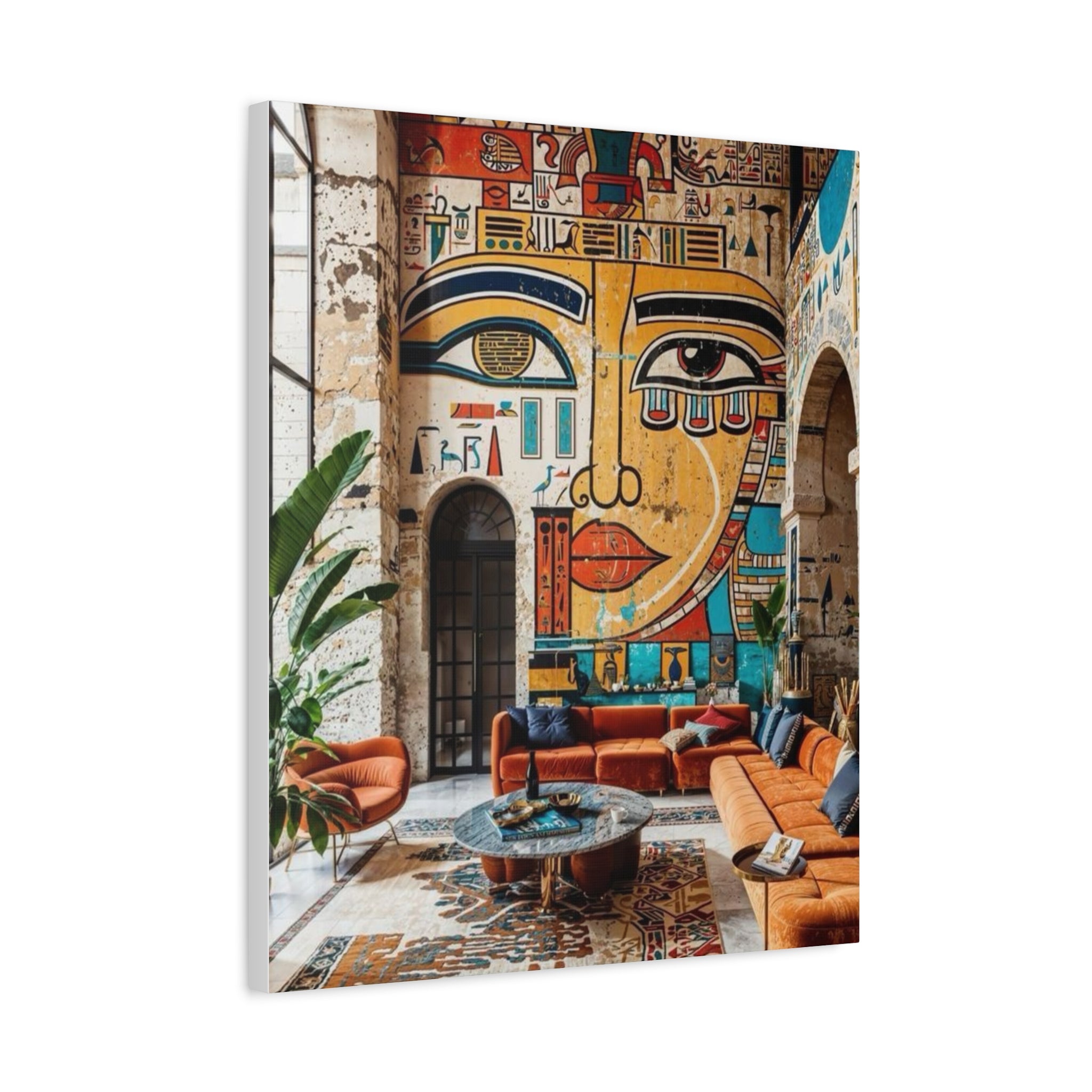 Egyptian Mural Face Matte Canvas Wall Art – Bohemian Living Room Decor