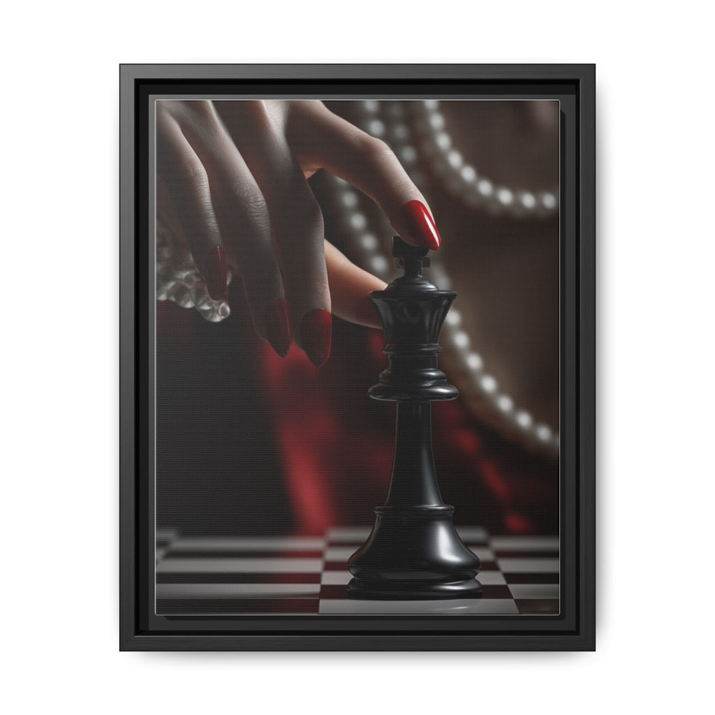 Framed Matte Canvas Art — Femme Hand & Chess King (Pearls, Noir Glam)