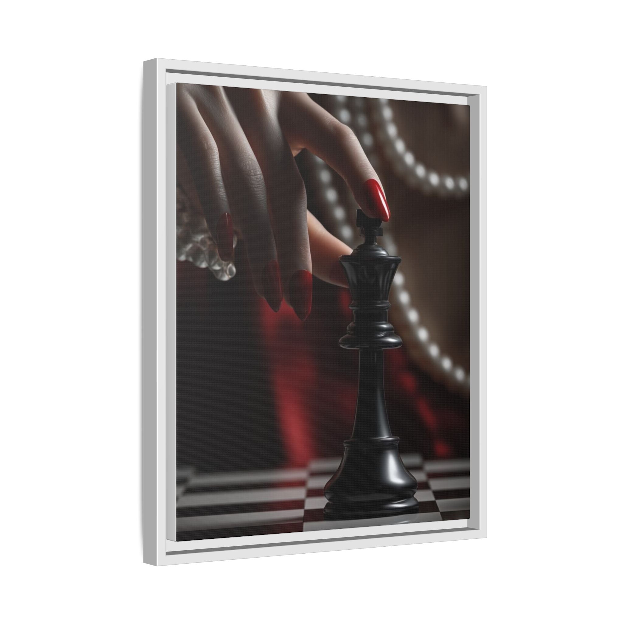 Framed Matte Canvas Art — Femme Hand & Chess King (Pearls, Noir Glam)