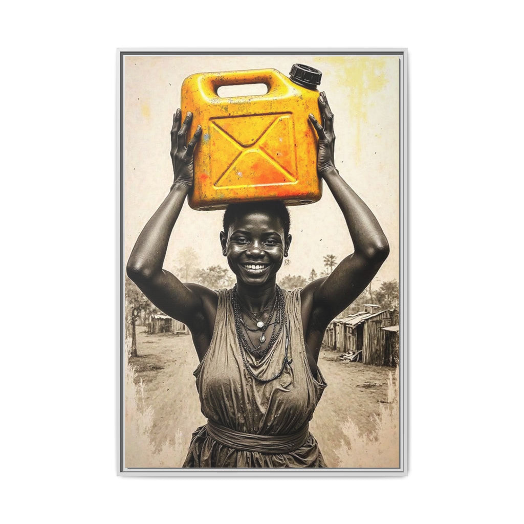 Framed Canvas Art - Joyful Woman Carrying Yellow Water Jerrycan