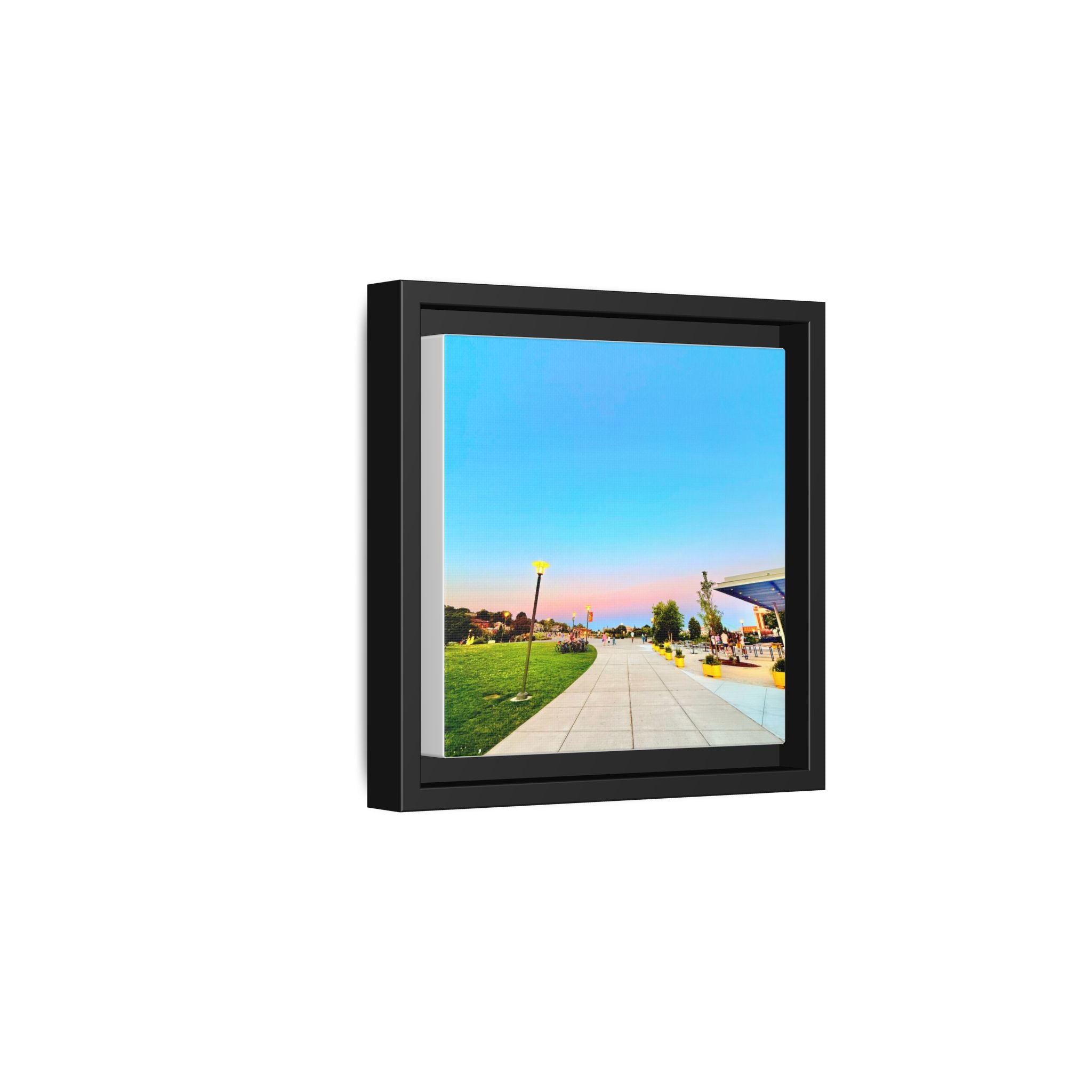 Sunset Promenade Matte Framed Canvas — Pastel Sky Walkway Wall Art