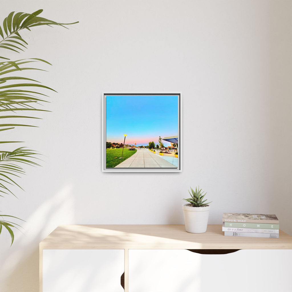 Sunset Promenade Matte Framed Canvas — Pastel Sky Walkway Wall Art