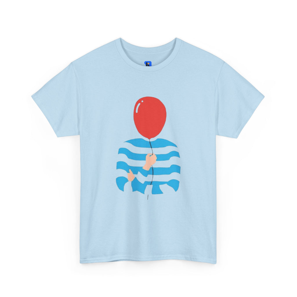 Striped Sweater Balloon Tee — Minimalist Red Balloon Graphic T-Shirt
