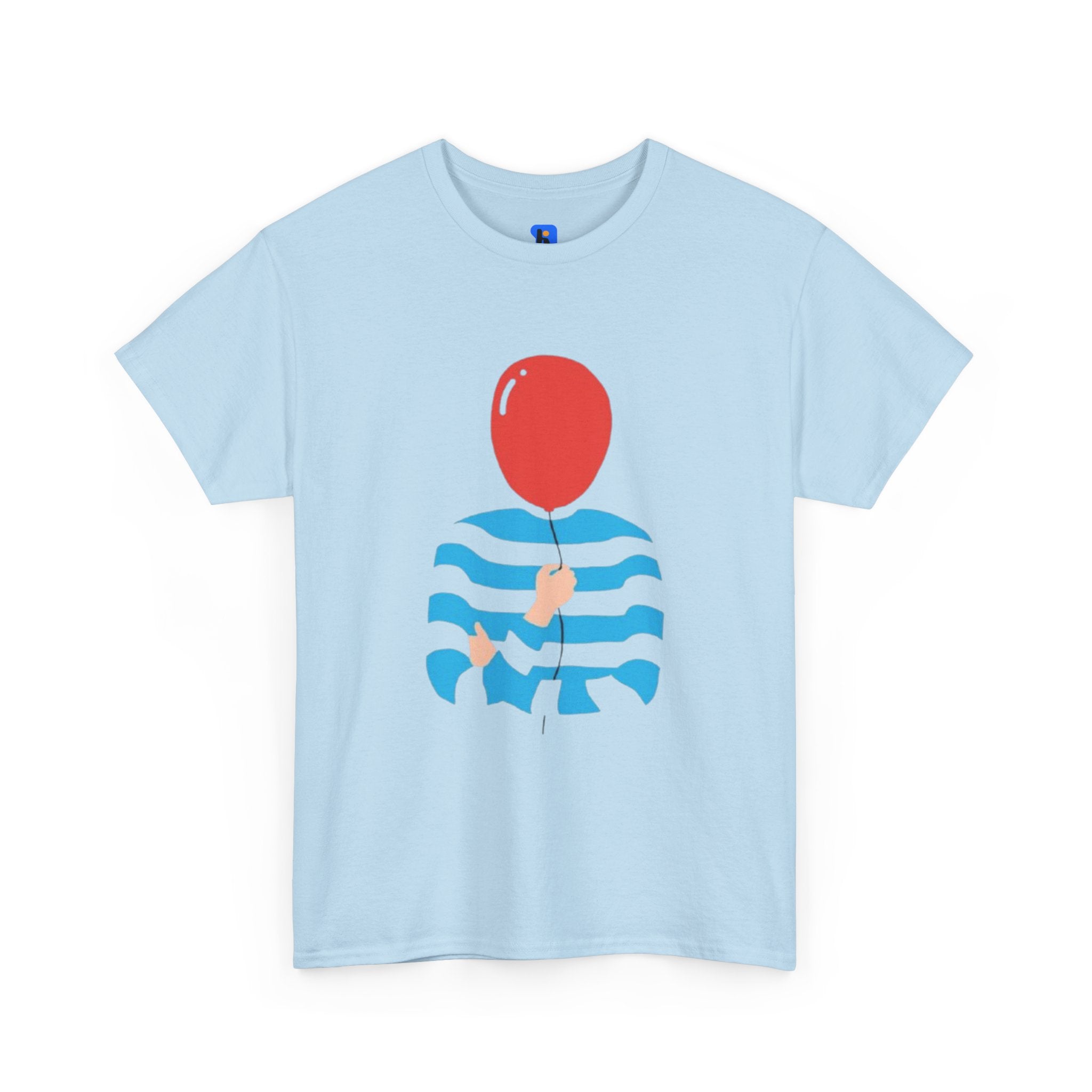 Striped Sweater Balloon Tee — Minimalist Red Balloon Graphic T-Shirt