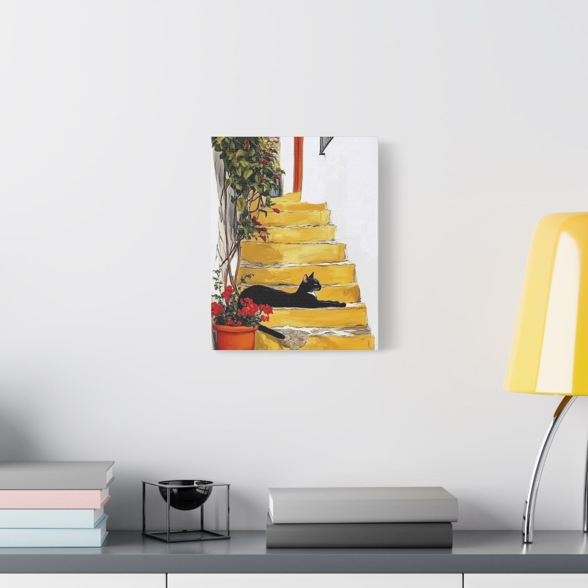 Black Cat on Yellow Steps Canvas Art Print, Whimsical Home Decor, Gift for Cat Lovers, Wall Art, Cozy Vibe, Pet Memorable Art