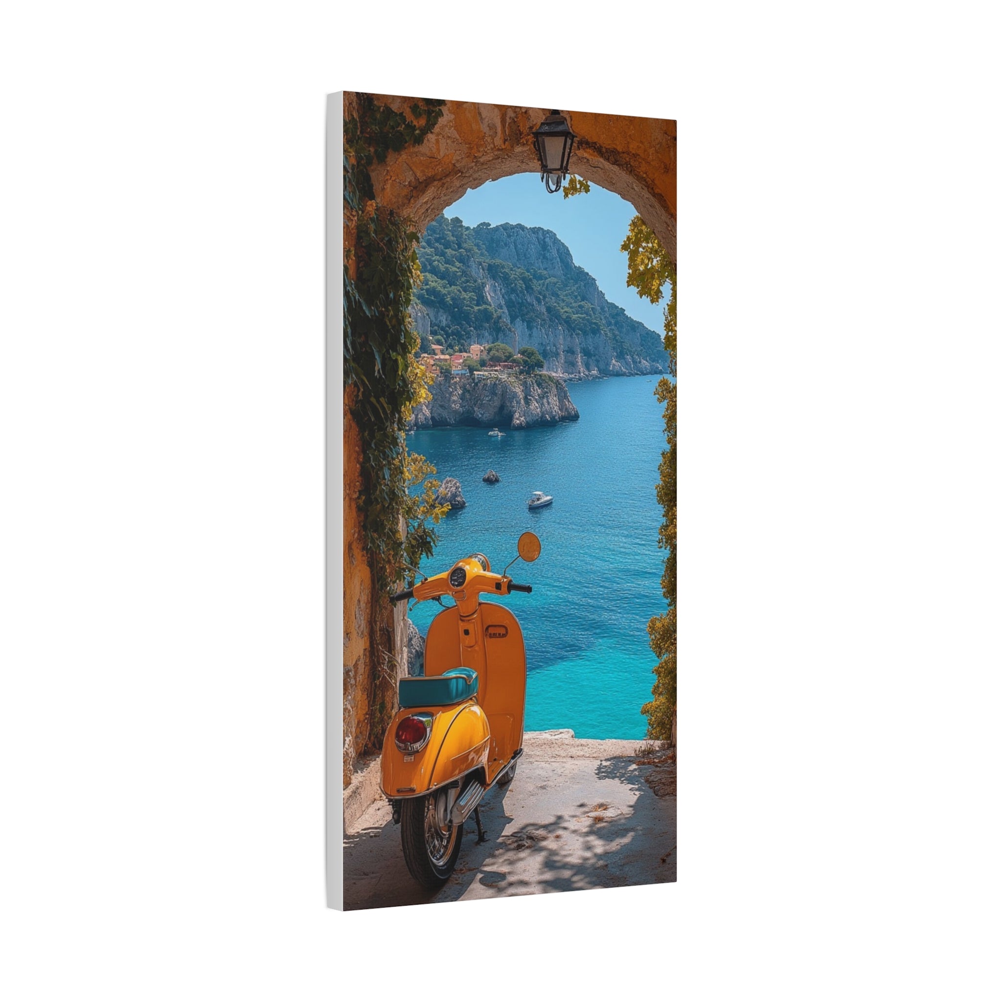 Mediterranean Scooter Canvas Print – Sunny Coastal Archway Wall Art