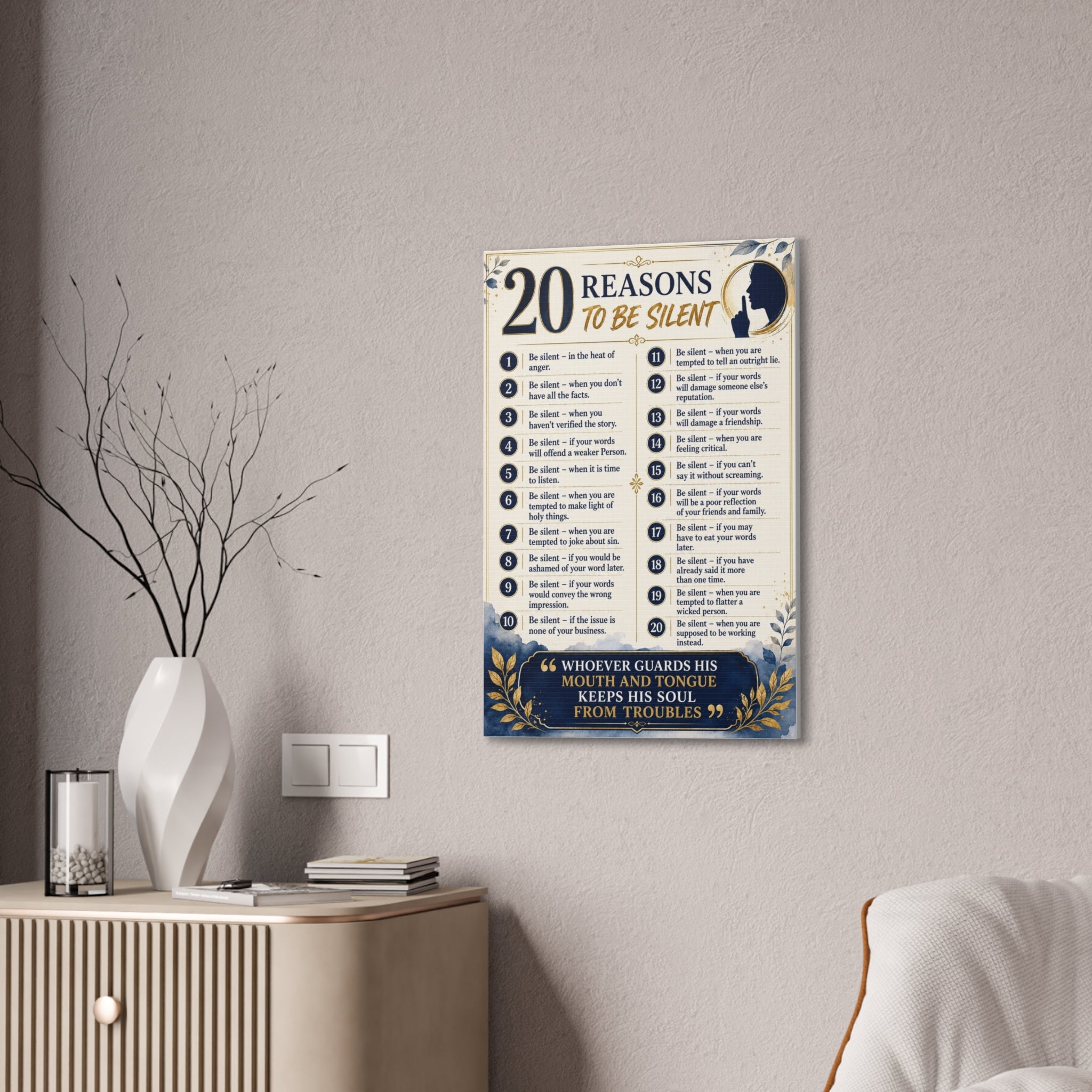 20 Reasons to Be Silent Canvas Wall Art — Inspirational Faith Quote Print