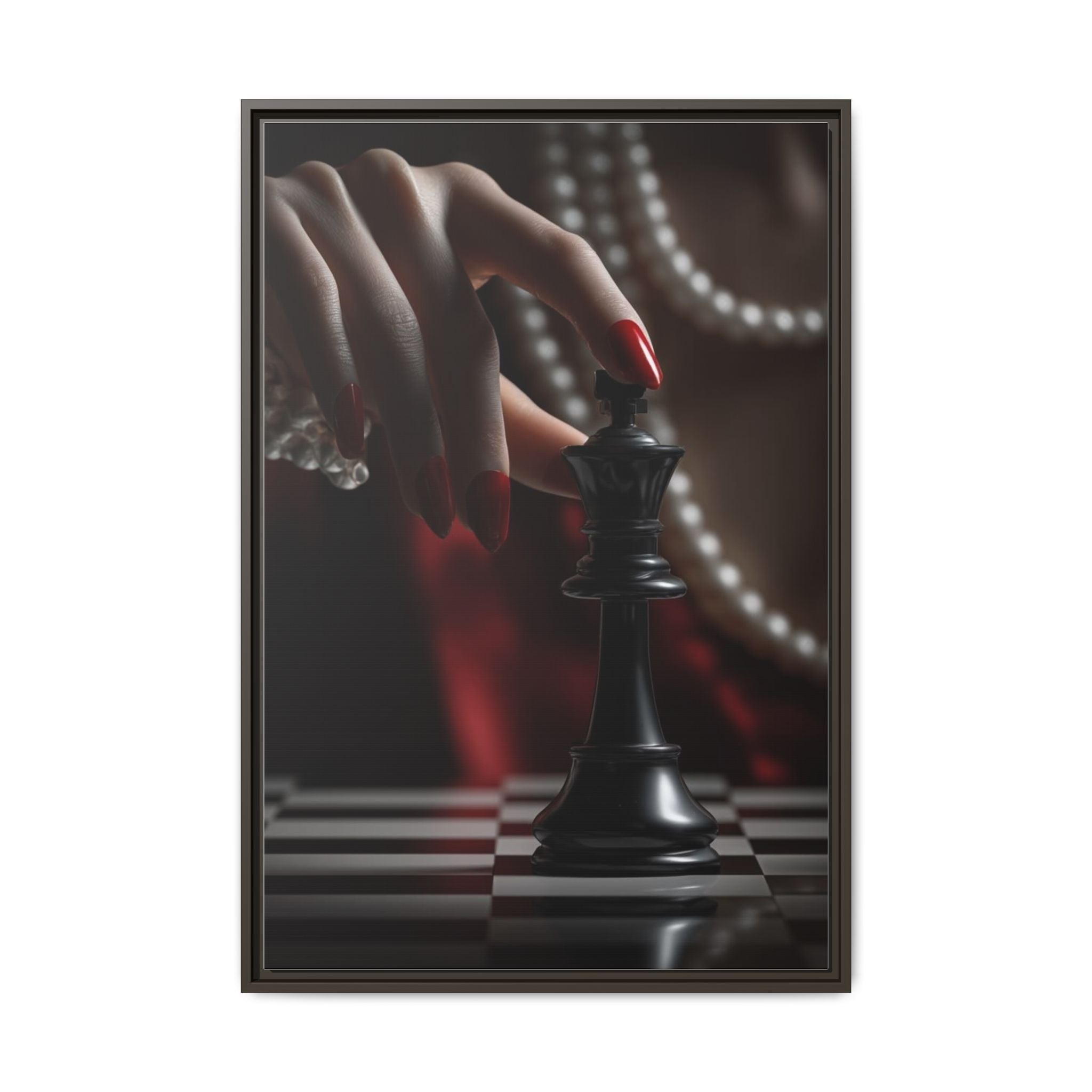 Framed Matte Canvas Art — Femme Hand & Chess King (Pearls, Noir Glam)