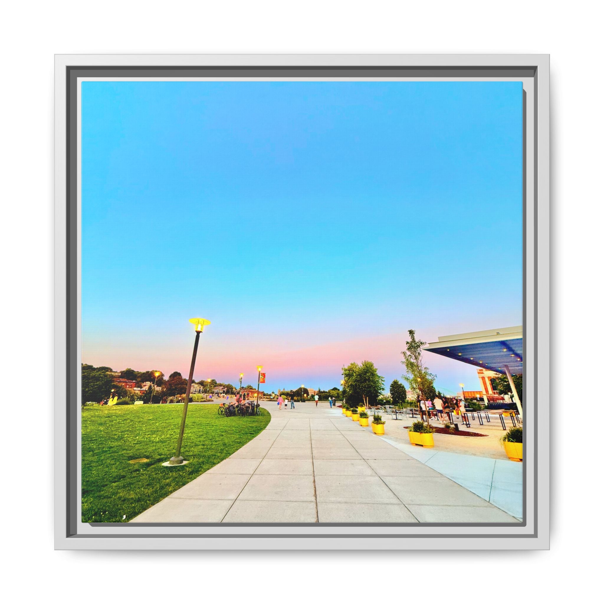 Sunset Promenade Matte Framed Canvas — Pastel Sky Walkway Wall Art