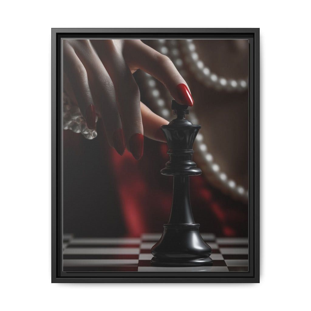 Framed Matte Canvas Art — Femme Hand & Chess King (Pearls, Noir Glam)