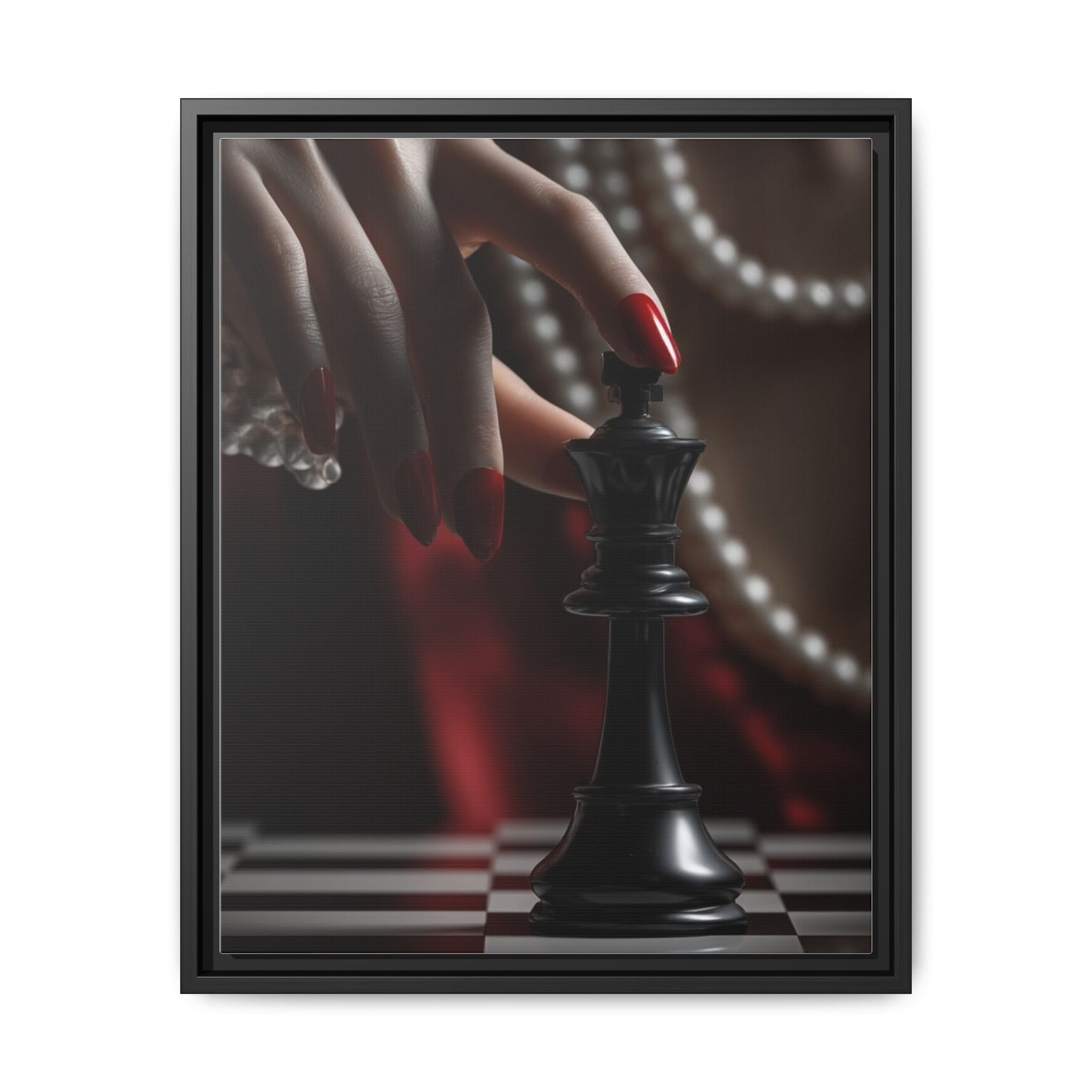 Framed Matte Canvas Art — Femme Hand & Chess King (Pearls, Noir Glam)