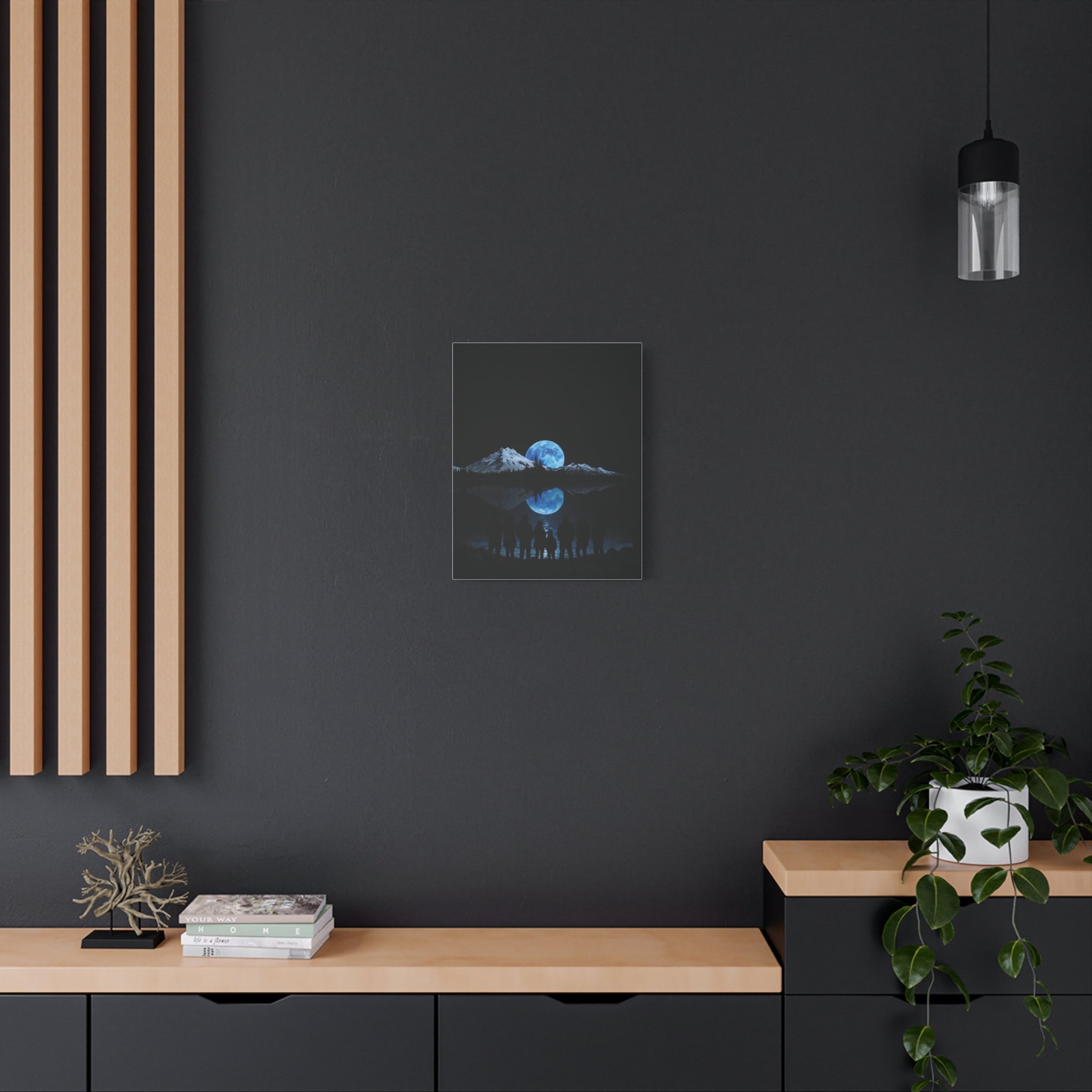 Blue Moon Mountain Canvas Print — Family Silhouette Nightscape Wall Art