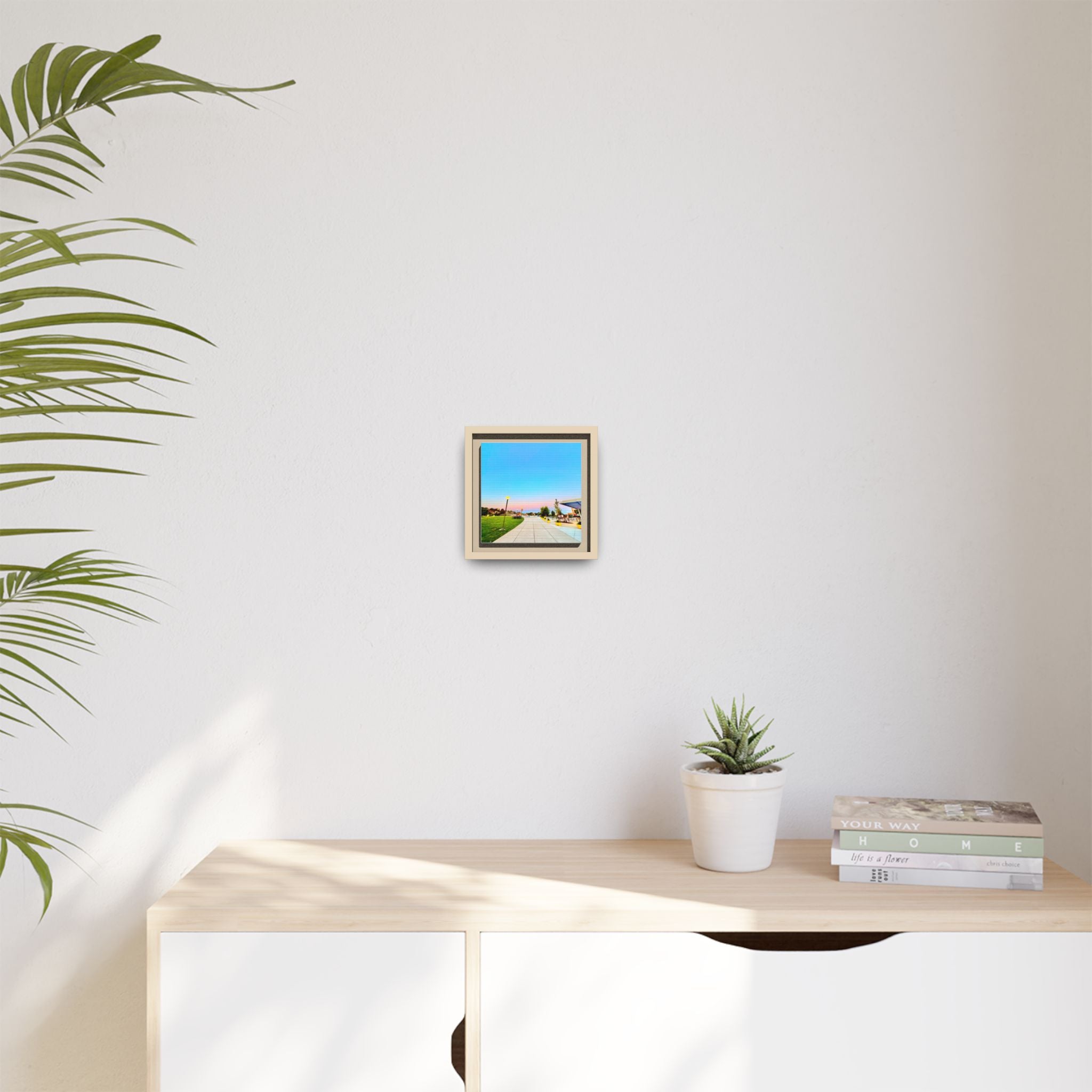 Sunset Promenade Matte Framed Canvas — Pastel Sky Walkway Wall Art