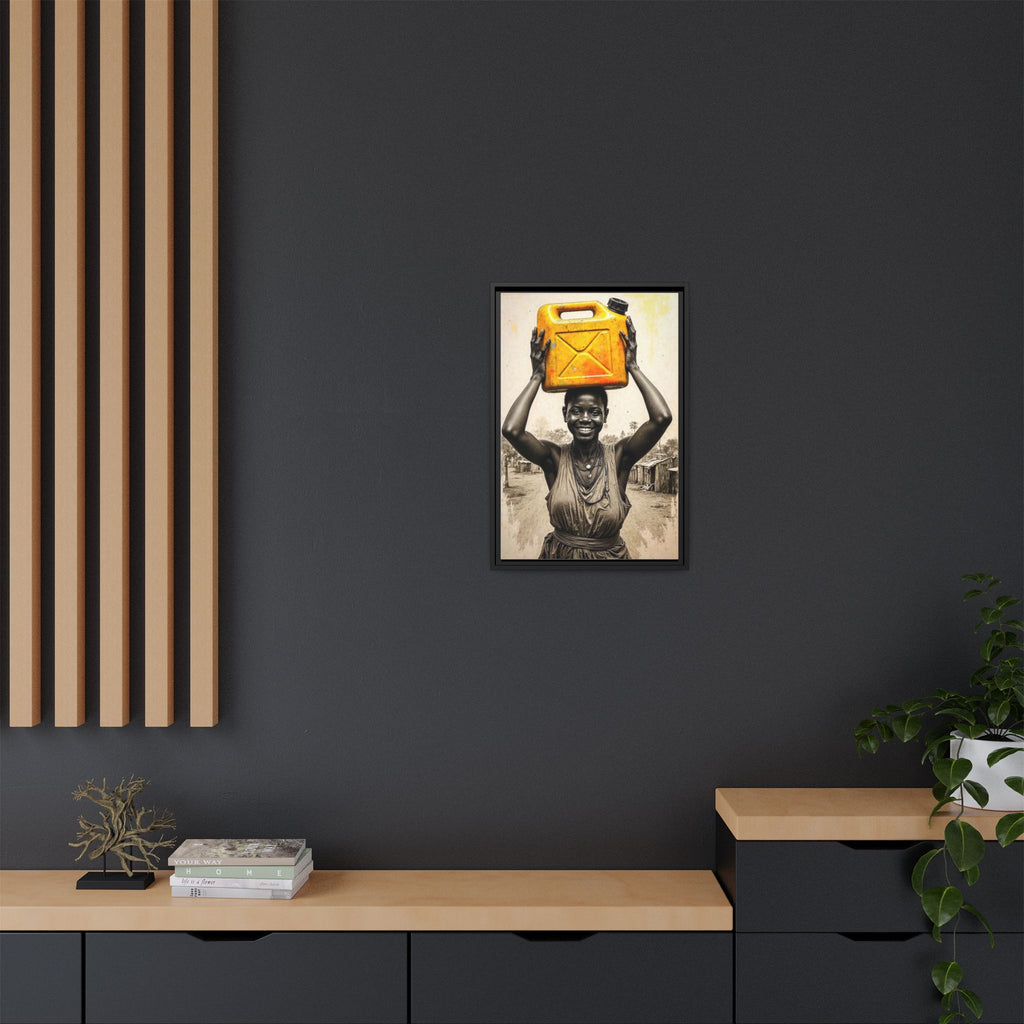 Framed Canvas Art - Joyful Woman Carrying Yellow Water Jerrycan