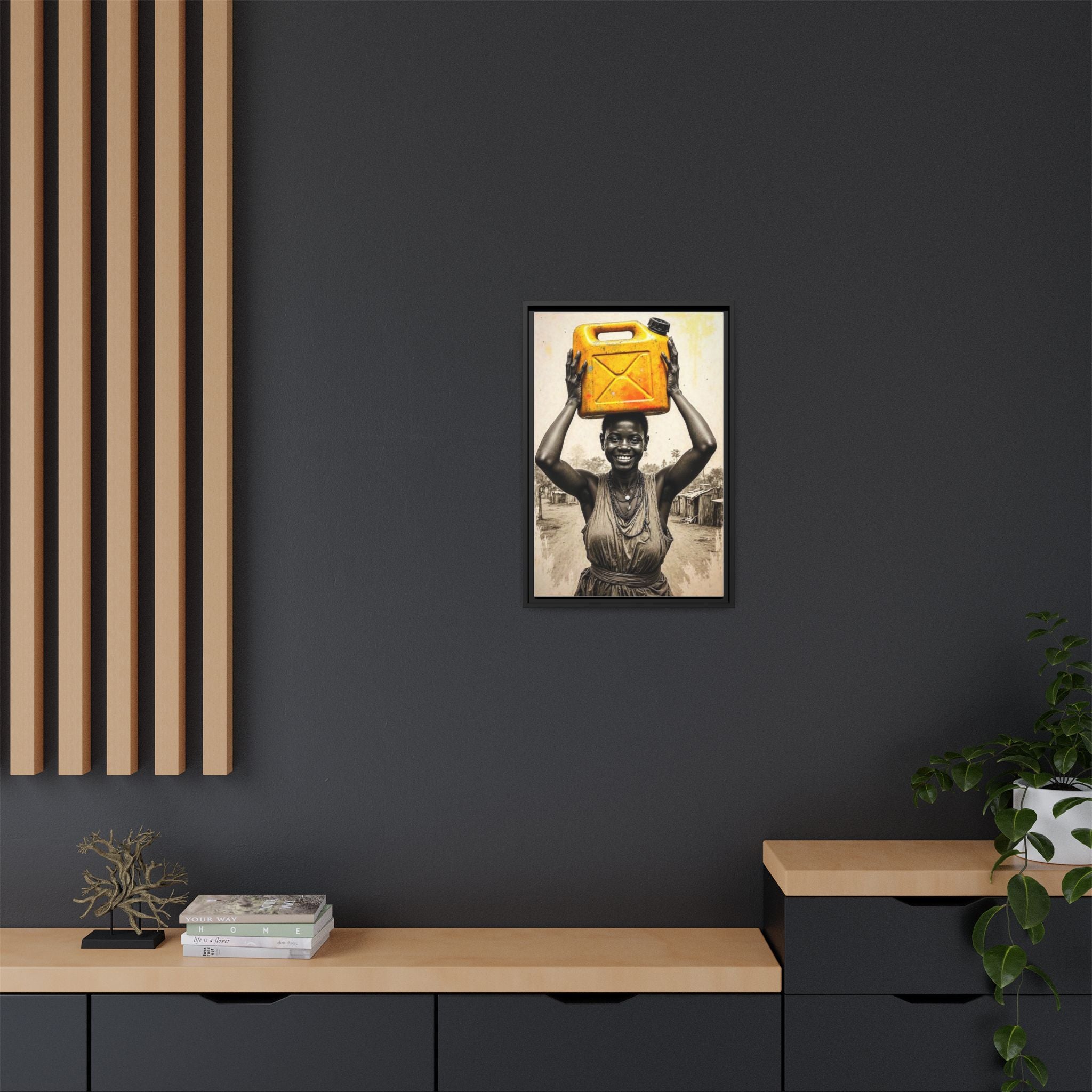 Framed Canvas Art - Joyful Woman Carrying Yellow Water Jerrycan