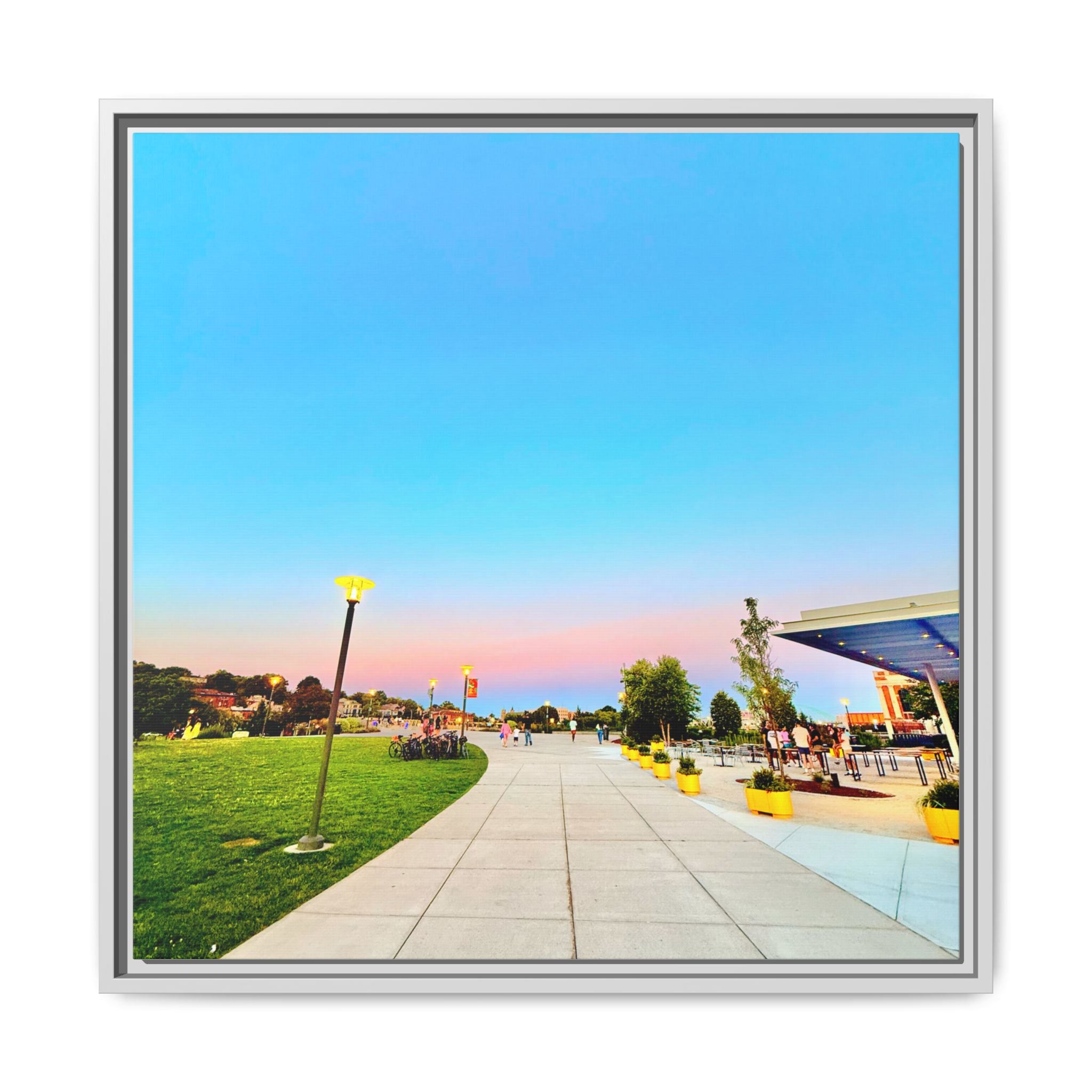 Sunset Promenade Matte Framed Canvas — Pastel Sky Walkway Wall Art