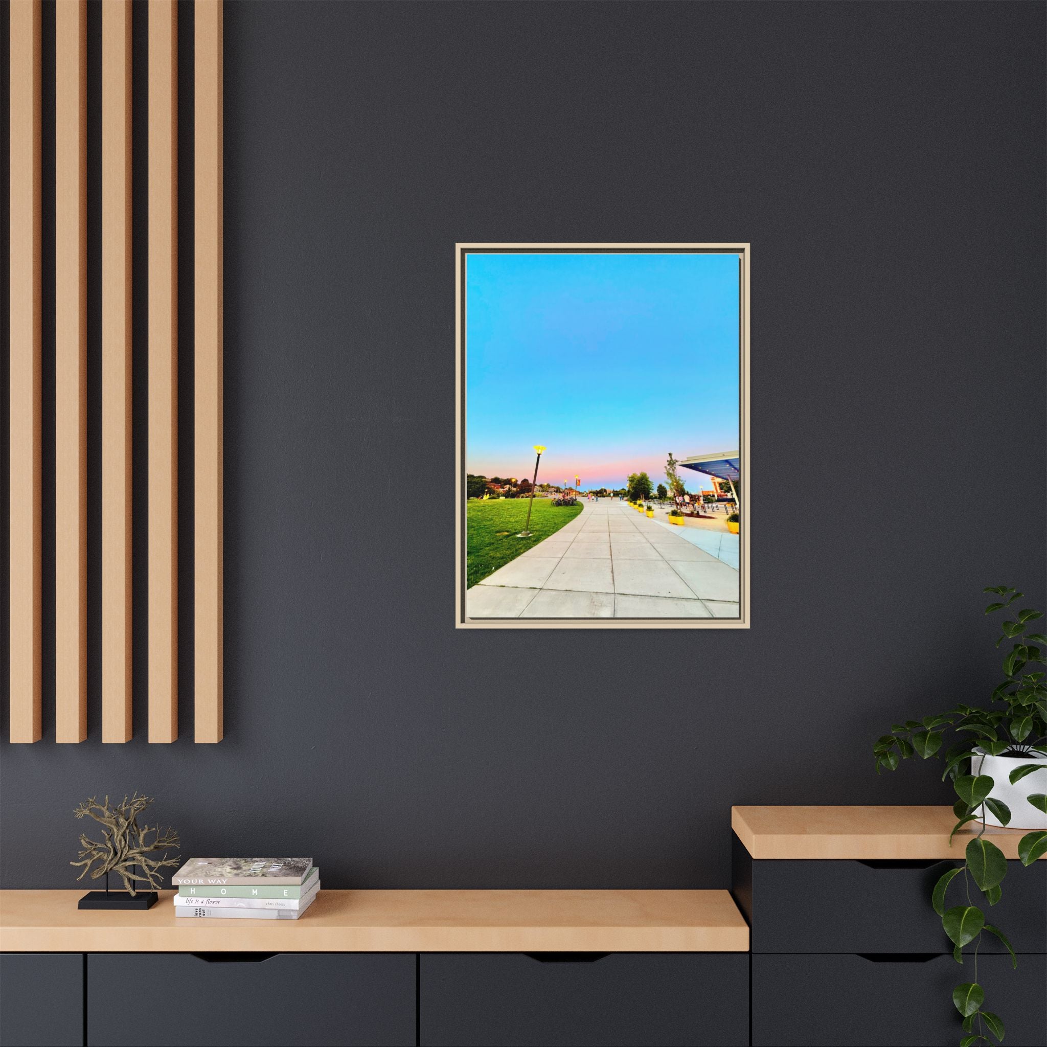 Sunset Promenade Matte Framed Canvas — Pastel Sky Walkway Wall Art