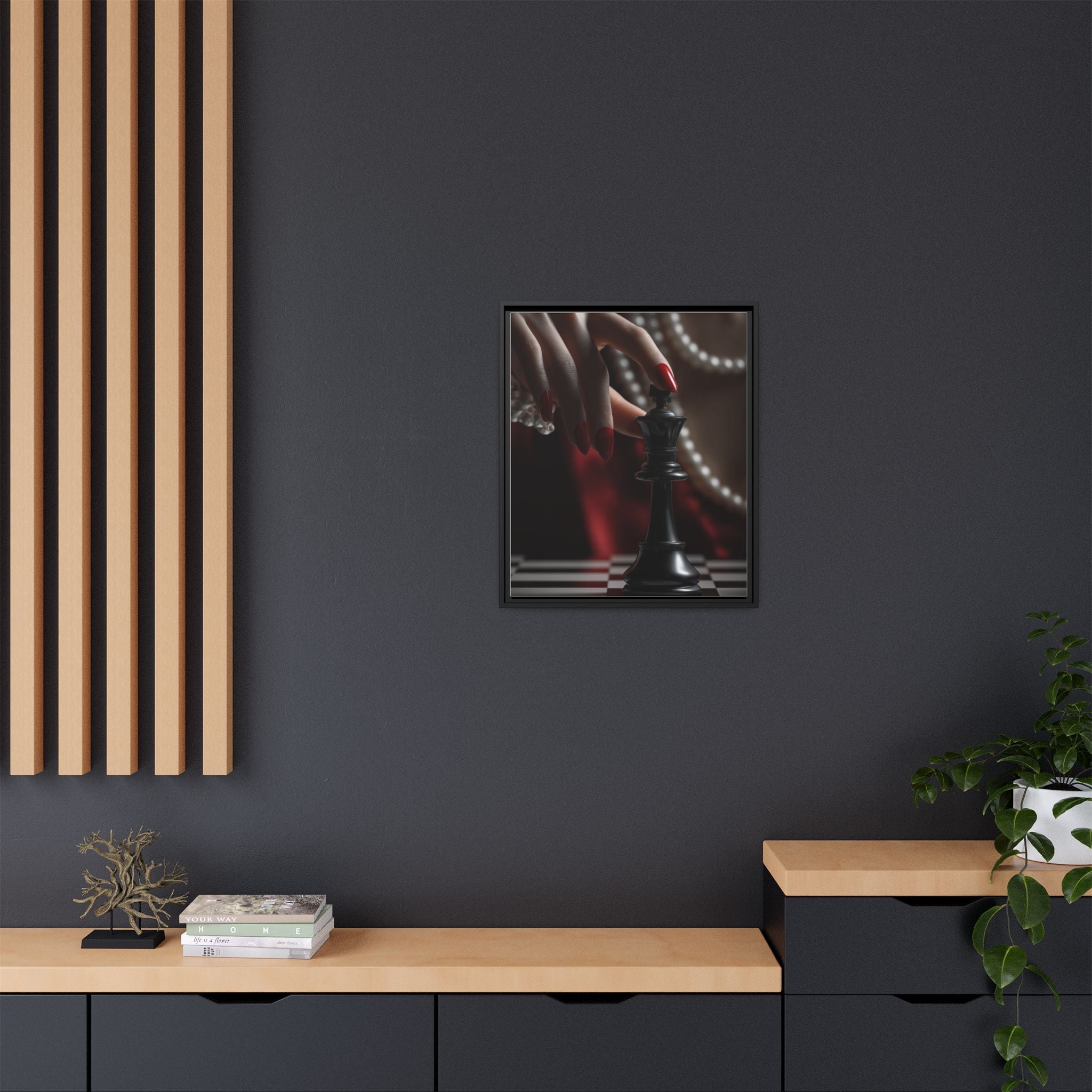 Framed Matte Canvas Art — Femme Hand & Chess King (Pearls, Noir Glam)