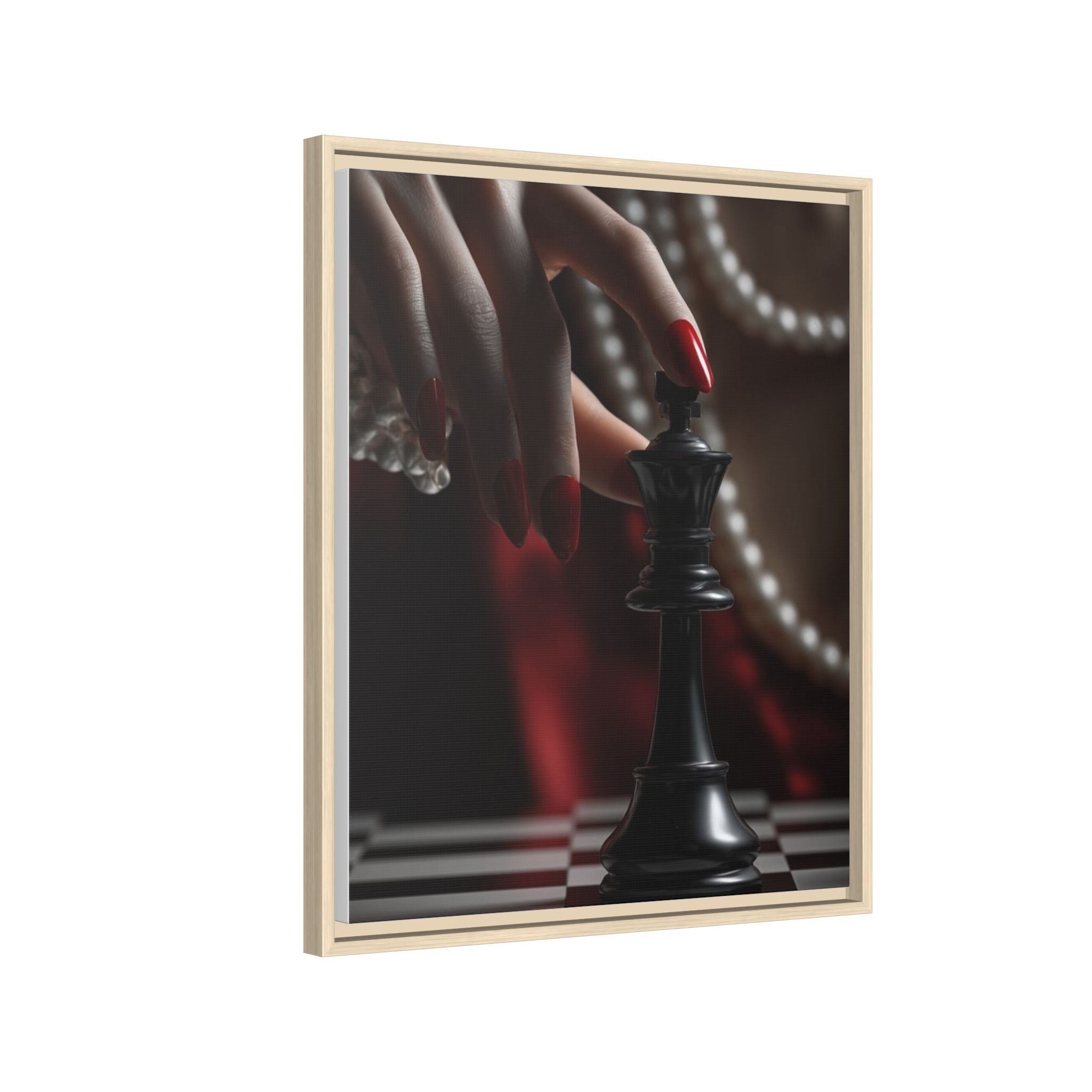 Framed Matte Canvas Art — Femme Hand & Chess King (Pearls, Noir Glam)