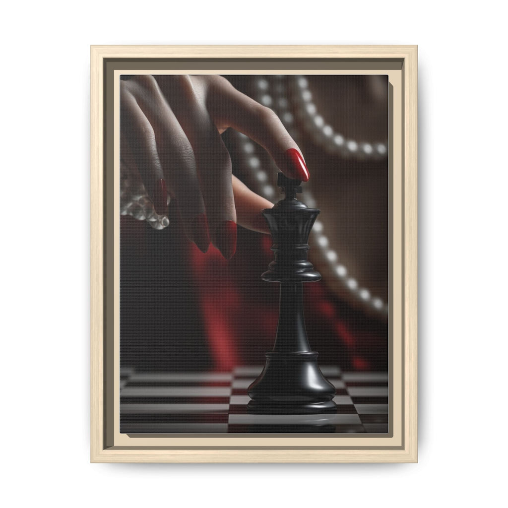 Framed Matte Canvas Art — Femme Hand & Chess King (Pearls, Noir Glam)