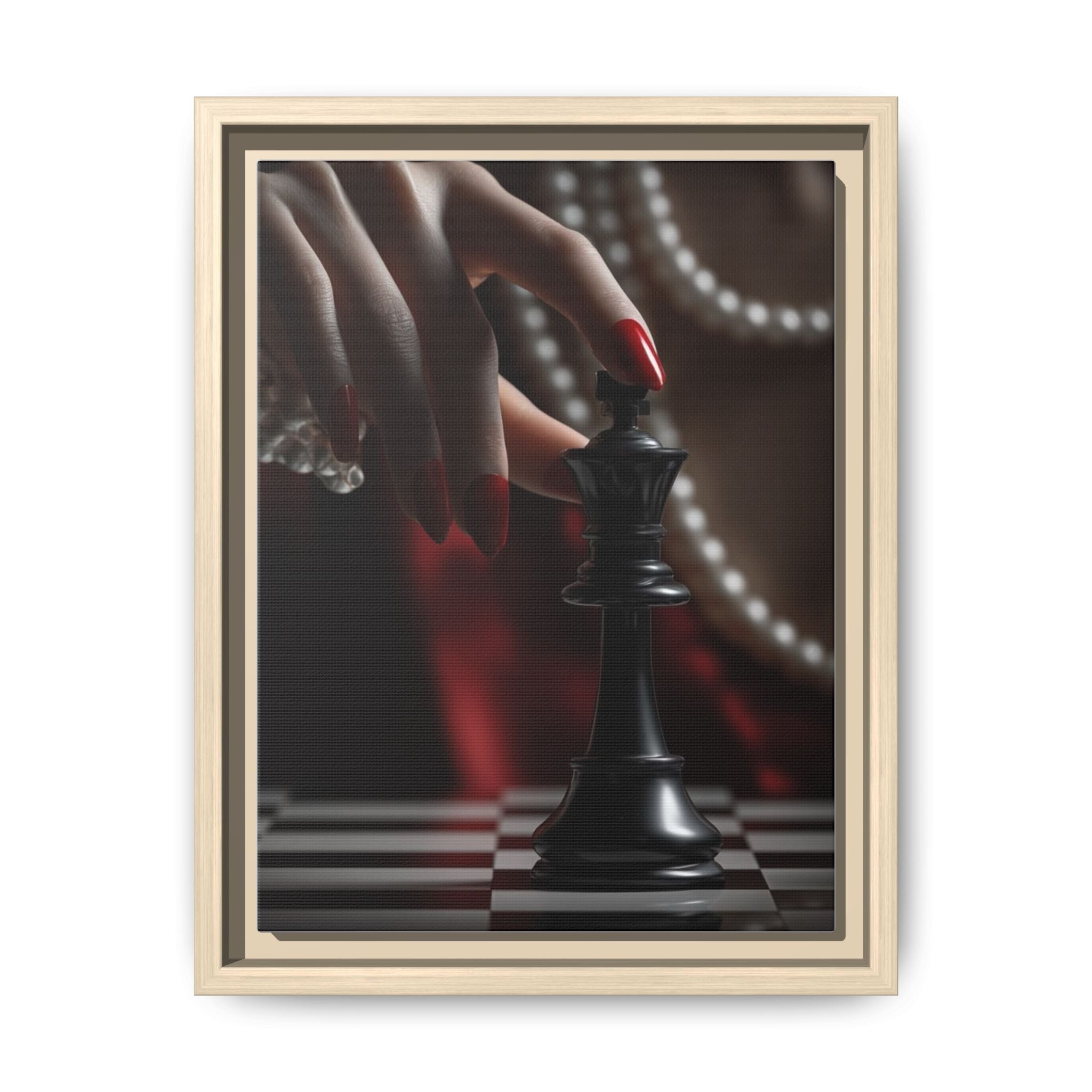 Framed Matte Canvas Art — Femme Hand & Chess King (Pearls, Noir Glam)