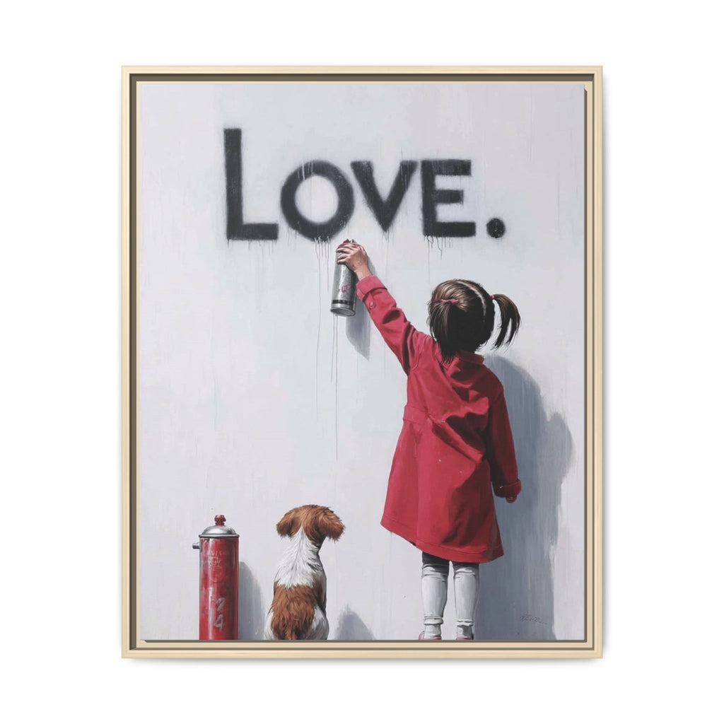 'LOVE.' Girl Spray-Painting with Dog- Framed Canvas Art