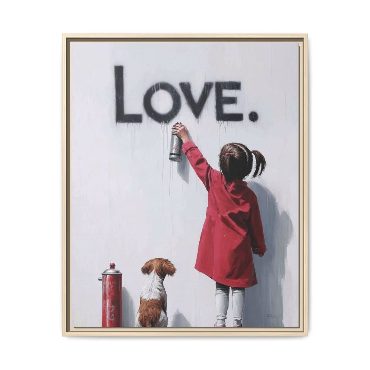 'LOVE.' Girl Spray-Painting with Dog- Framed Canvas Art