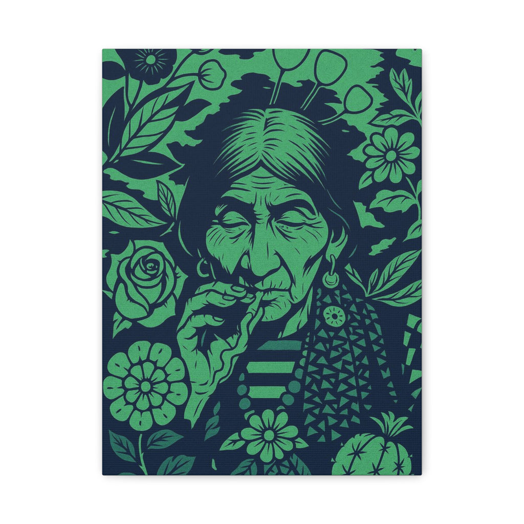 Vintage Smoking Woman Art Canvas — Green Floral Stretched Wall Art