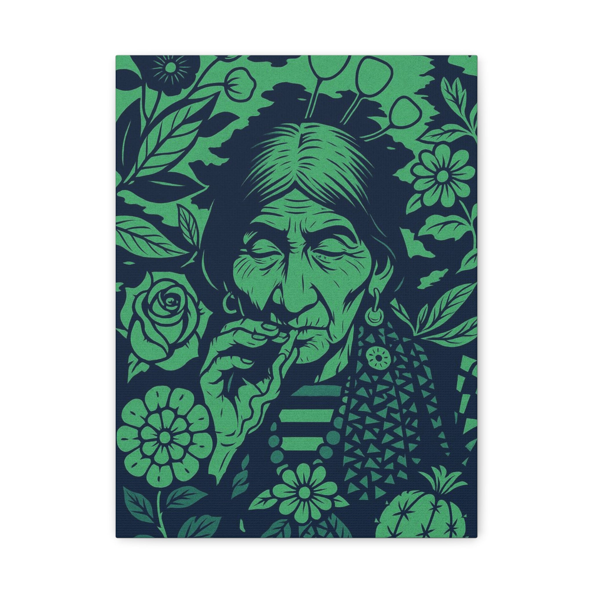 Vintage Smoking Woman Art Canvas — Green Floral Stretched Wall Art