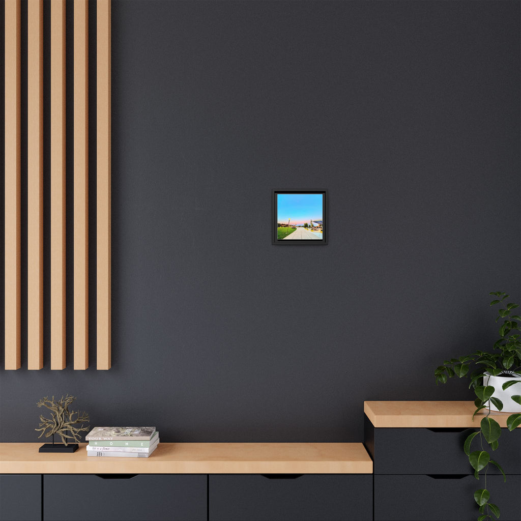 Sunset Promenade Matte Framed Canvas — Pastel Sky Walkway Wall Art