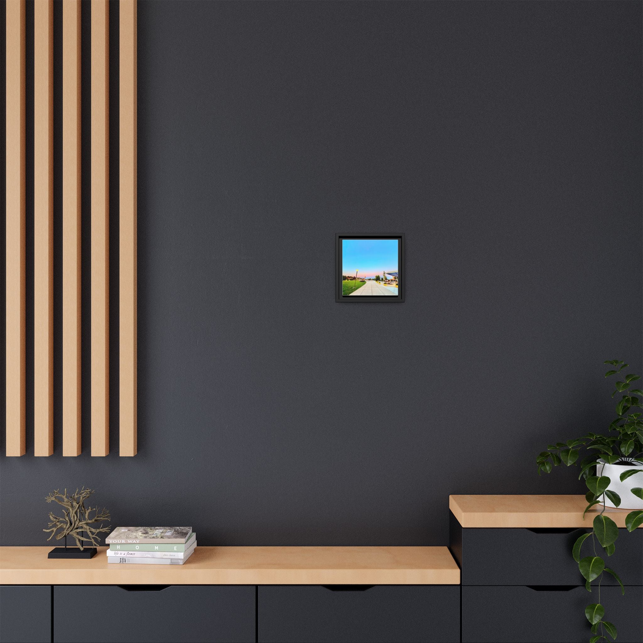Sunset Promenade Matte Framed Canvas — Pastel Sky Walkway Wall Art