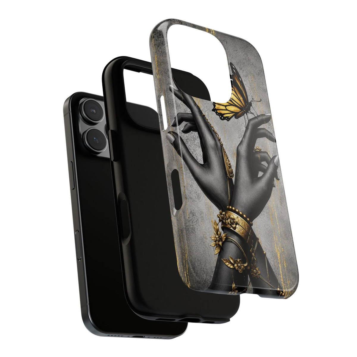 Artistic Black Hands & Golden Butterfly Phone Case – Protective Tough Case