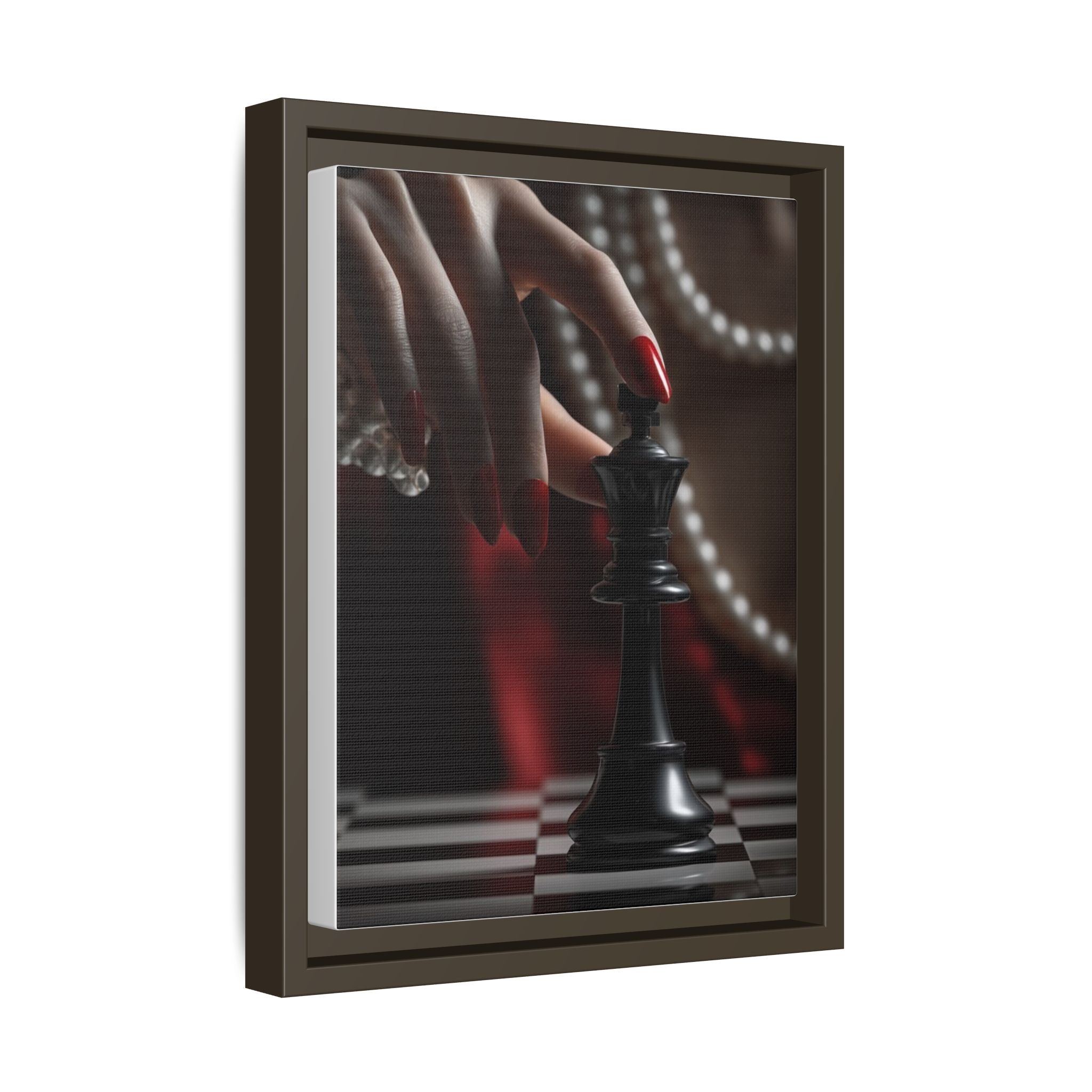 Framed Matte Canvas Art — Femme Hand & Chess King (Pearls, Noir Glam)