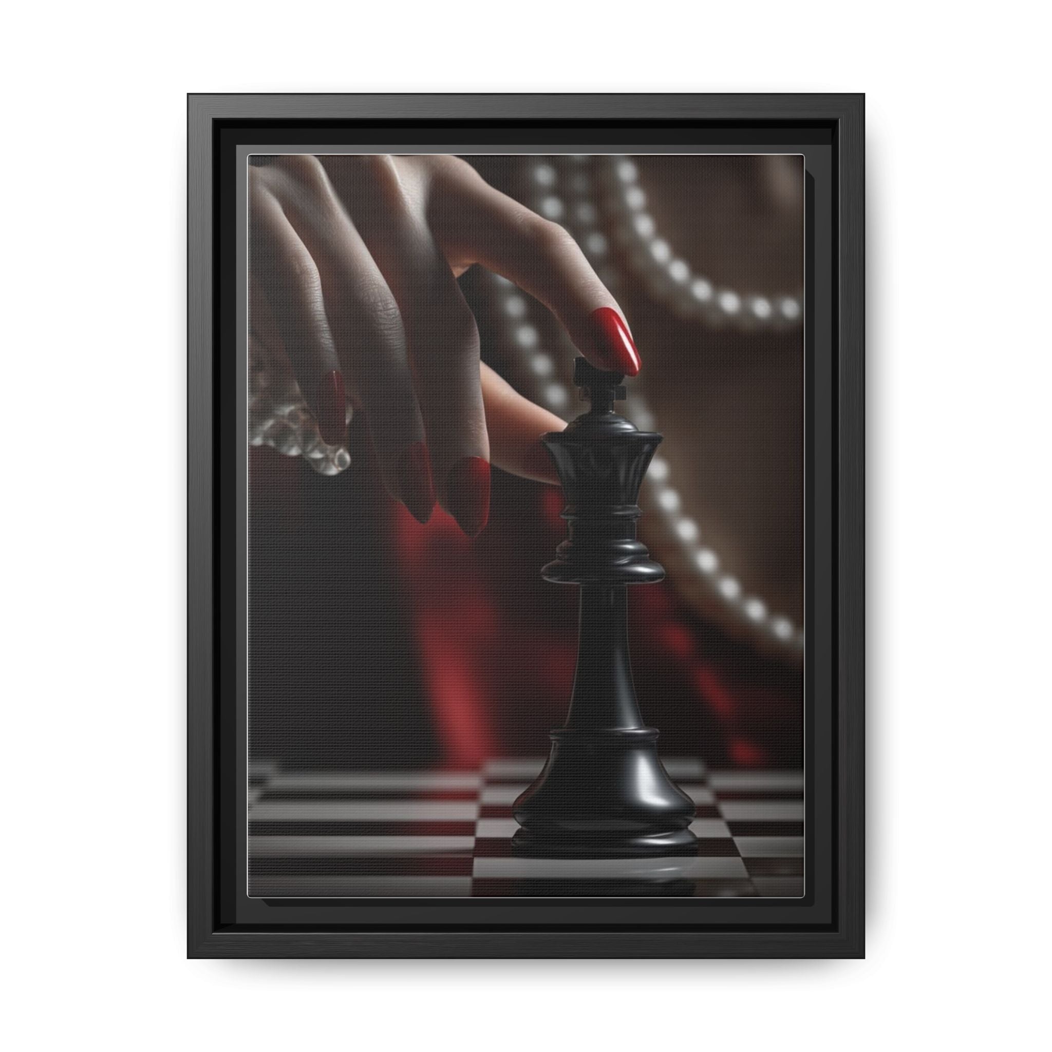 Framed Matte Canvas Art — Femme Hand & Chess King (Pearls, Noir Glam)