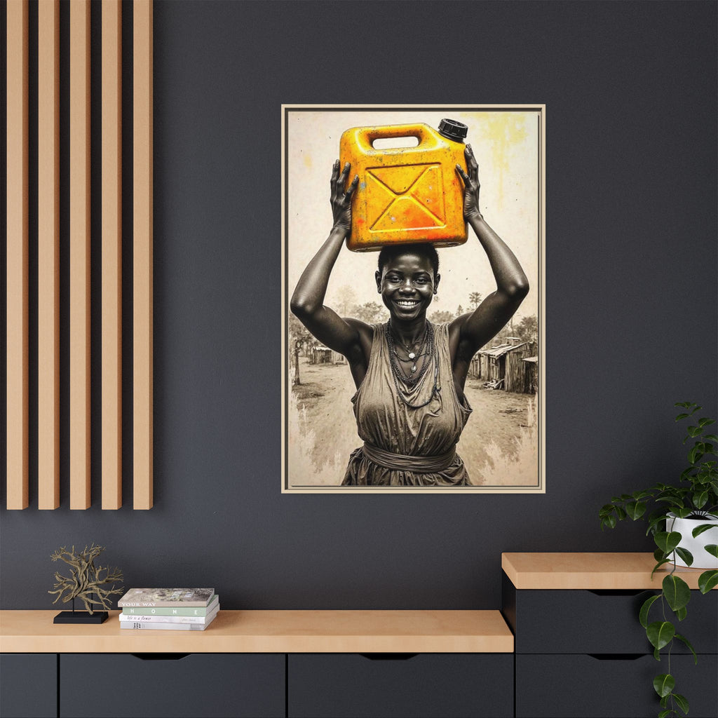 Framed Canvas Art - Joyful Woman Carrying Yellow Water Jerrycan